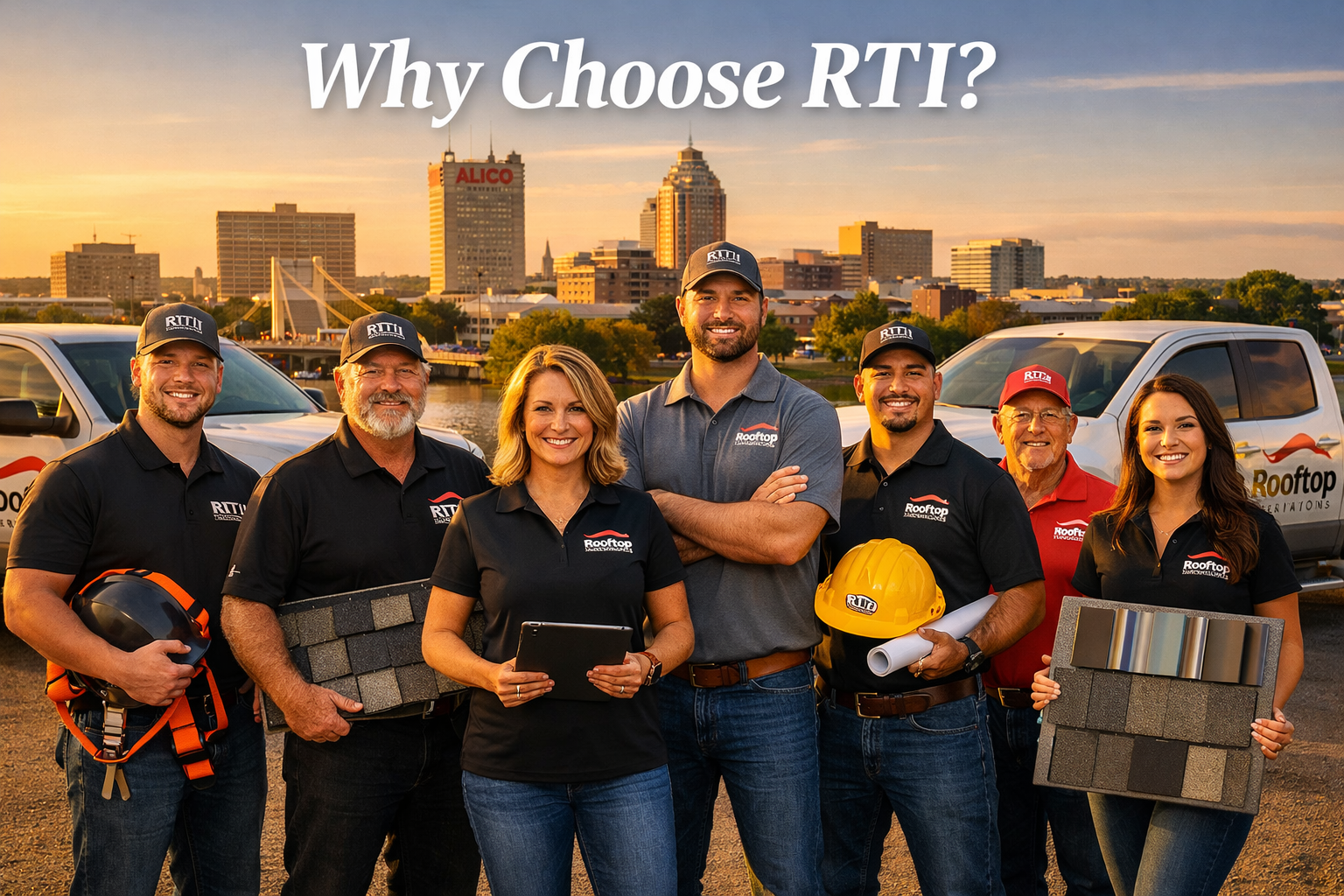 Professional landscape image (1536x1024) showing Rooftop Innovations team members in branded uniforms standing confidently in front of compa