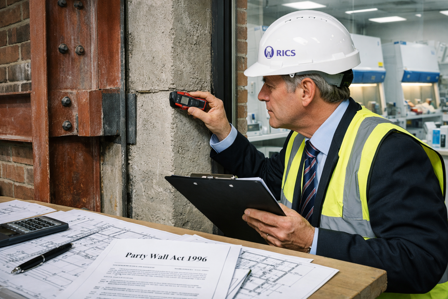 Detailed () image showing close-up of RICS surveyor in professional attire examining shared wall structure between two