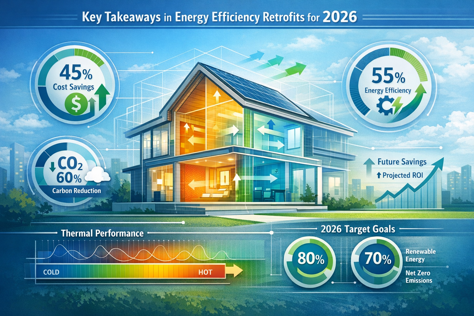 Infographic-style landscape visual representing 'Key Takeaways' in energy efficiency retrofits for 2026. Central graphic showing a modern ho