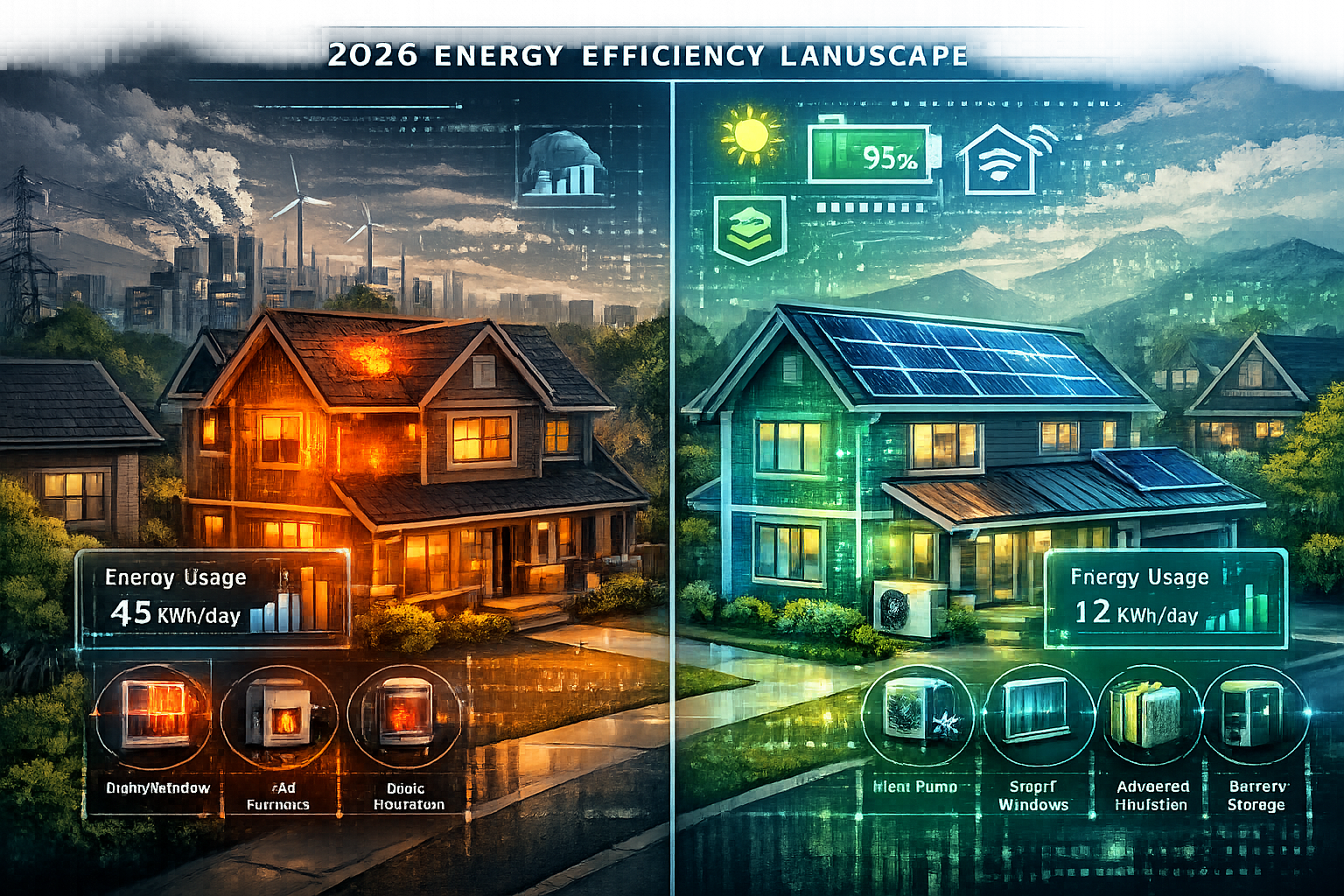 Comprehensive editorial illustration depicting the '2026 Energy Efficiency Landscape' with a futuristic residential neighborhood. Split-scre