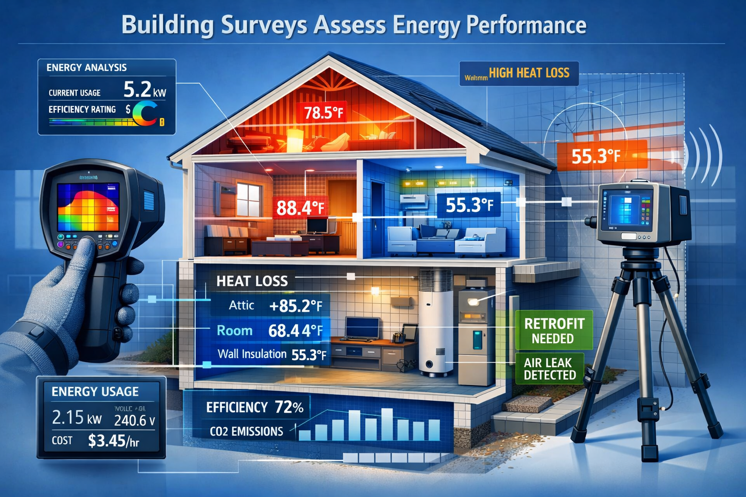 Technical survey visualization for 'Building Surveys Assess Energy Performance' featuring a detailed architectural cutaway of a residential 
