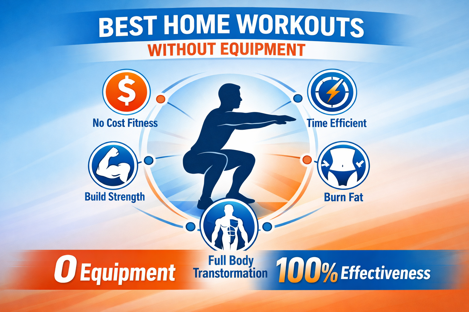Infographic-style key takeaways visual for 'Best Home Workouts Without Equipment', featuring minimalist icons representing