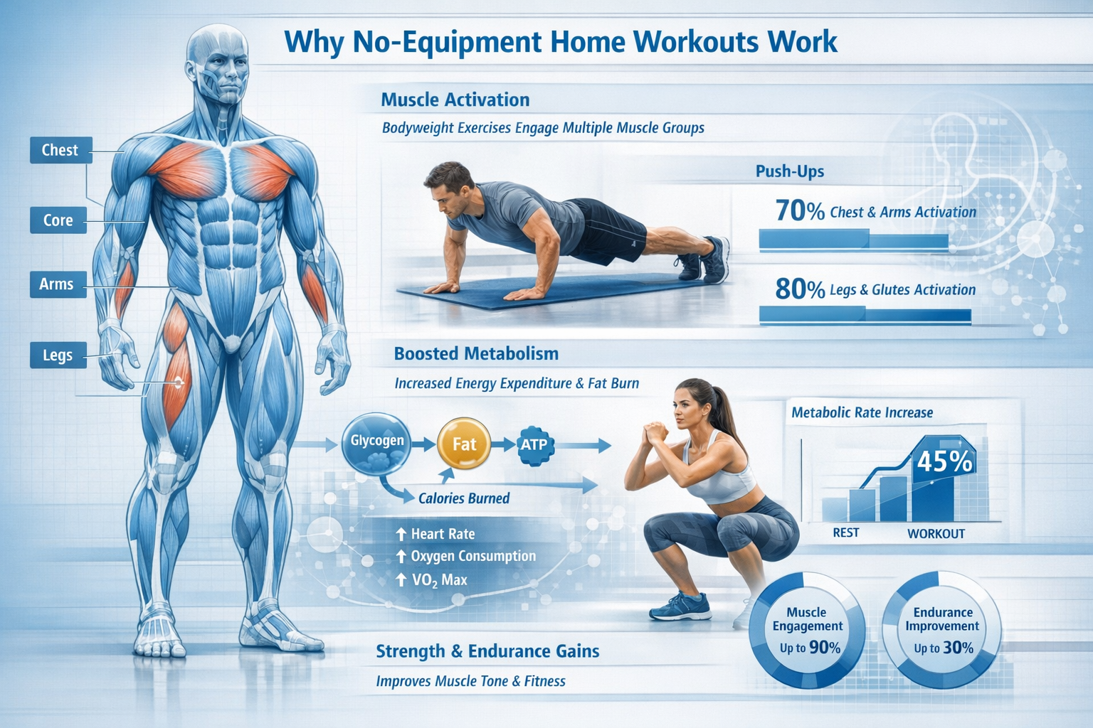Dynamic scientific visualization explaining 'Why No-Equipment Home Workouts Work', featuring anatomical human body diagram