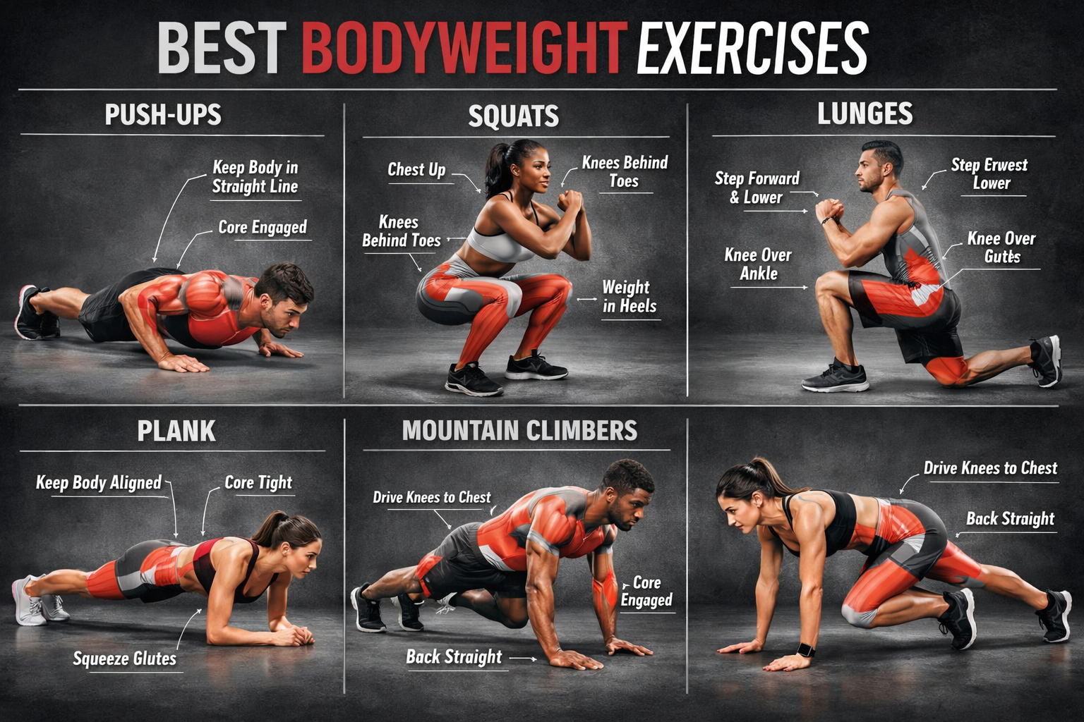 Comprehensive bodyweight exercise technique showcase for 'Best Bodyweight Exercises', featuring grid-style layout with 6-8
