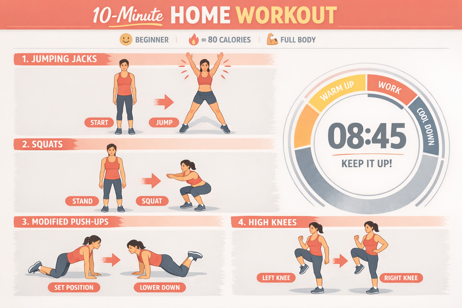 Beginner-friendly 10-minute home workout visual guide, showing step-by-step progression of exercises with numbered sequence.