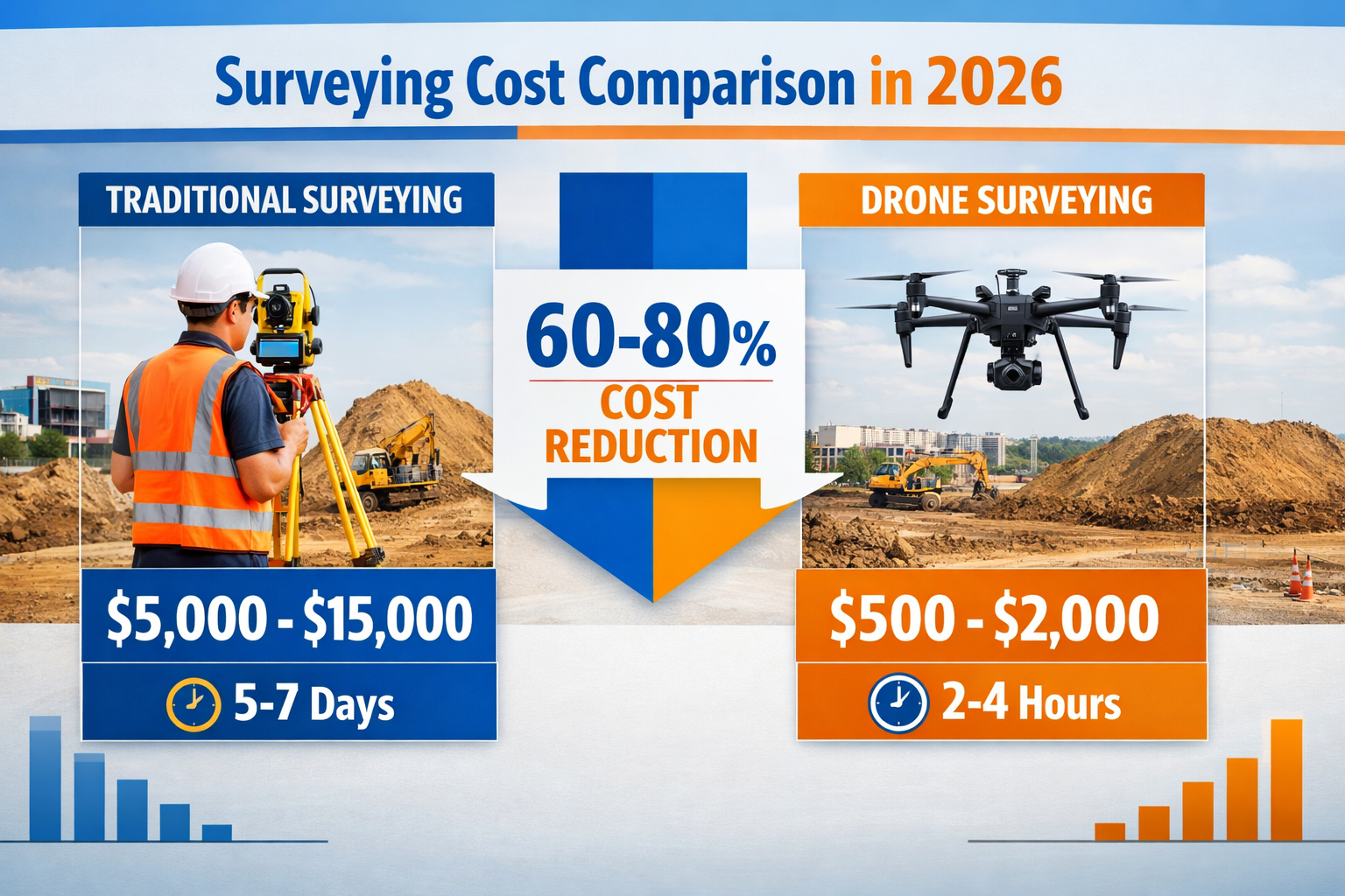Detailed landscape format (1536x1024) image showing side-by-side cost comparison infographic for drone surveying versus traditional surveyin