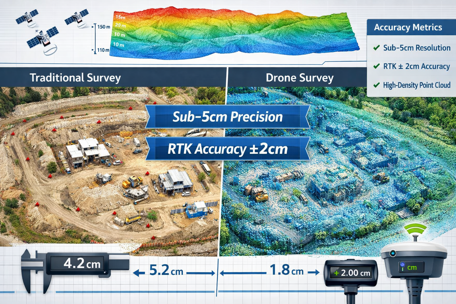 Detailed landscape format (1536x1024) image depicting accuracy improvement visualization for drone surveying technology. Central focus shows