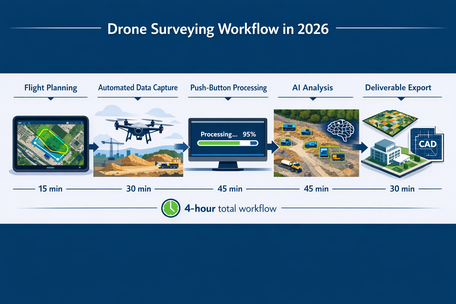 Detailed landscape format (1536x1024) image illustrating practical implementation workflow for drone surveying in 2026. Horizontal timeline 