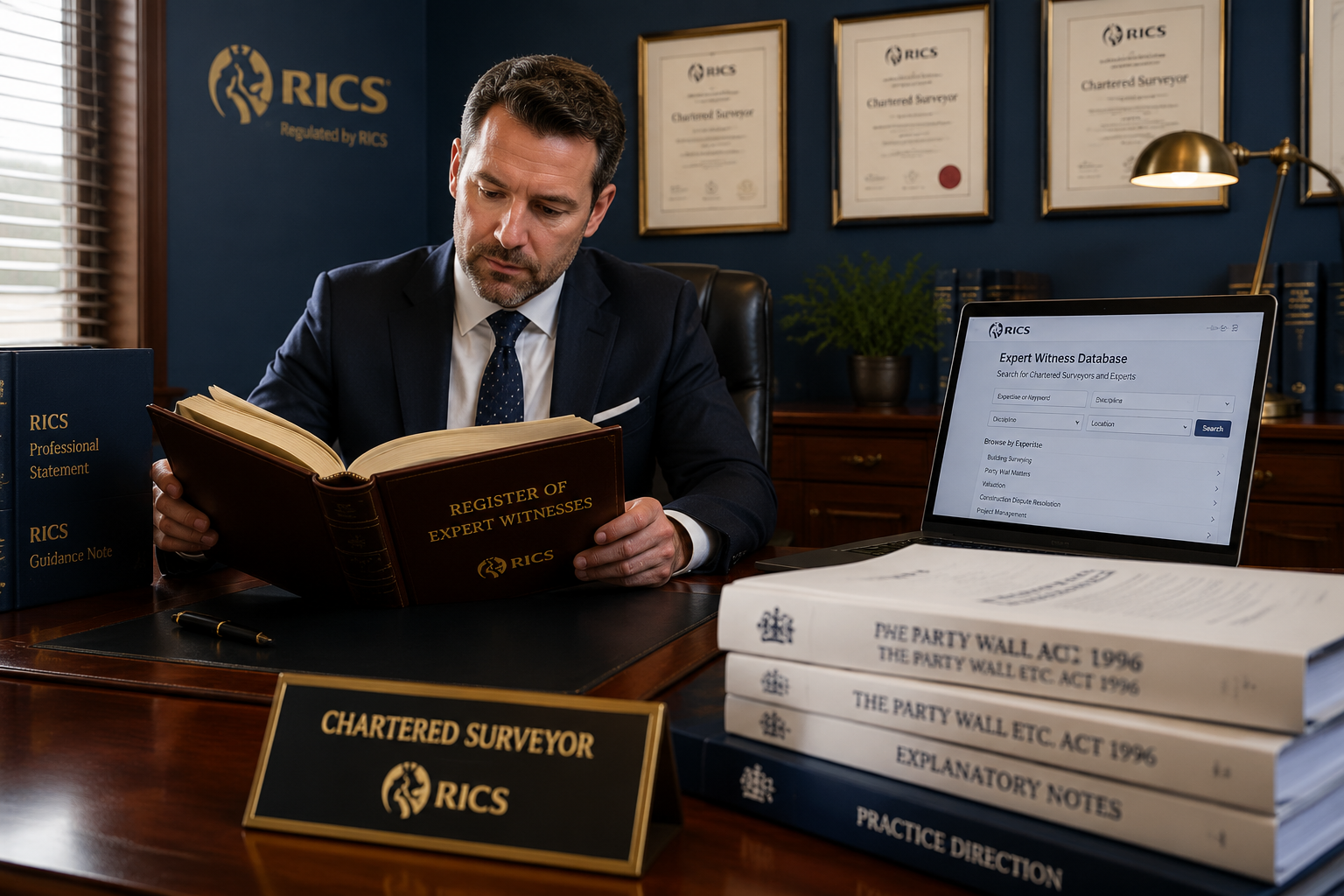 Wide-angle editorial photograph of a professional UK chartered surveyor in formal attire examining a thick leather-bound