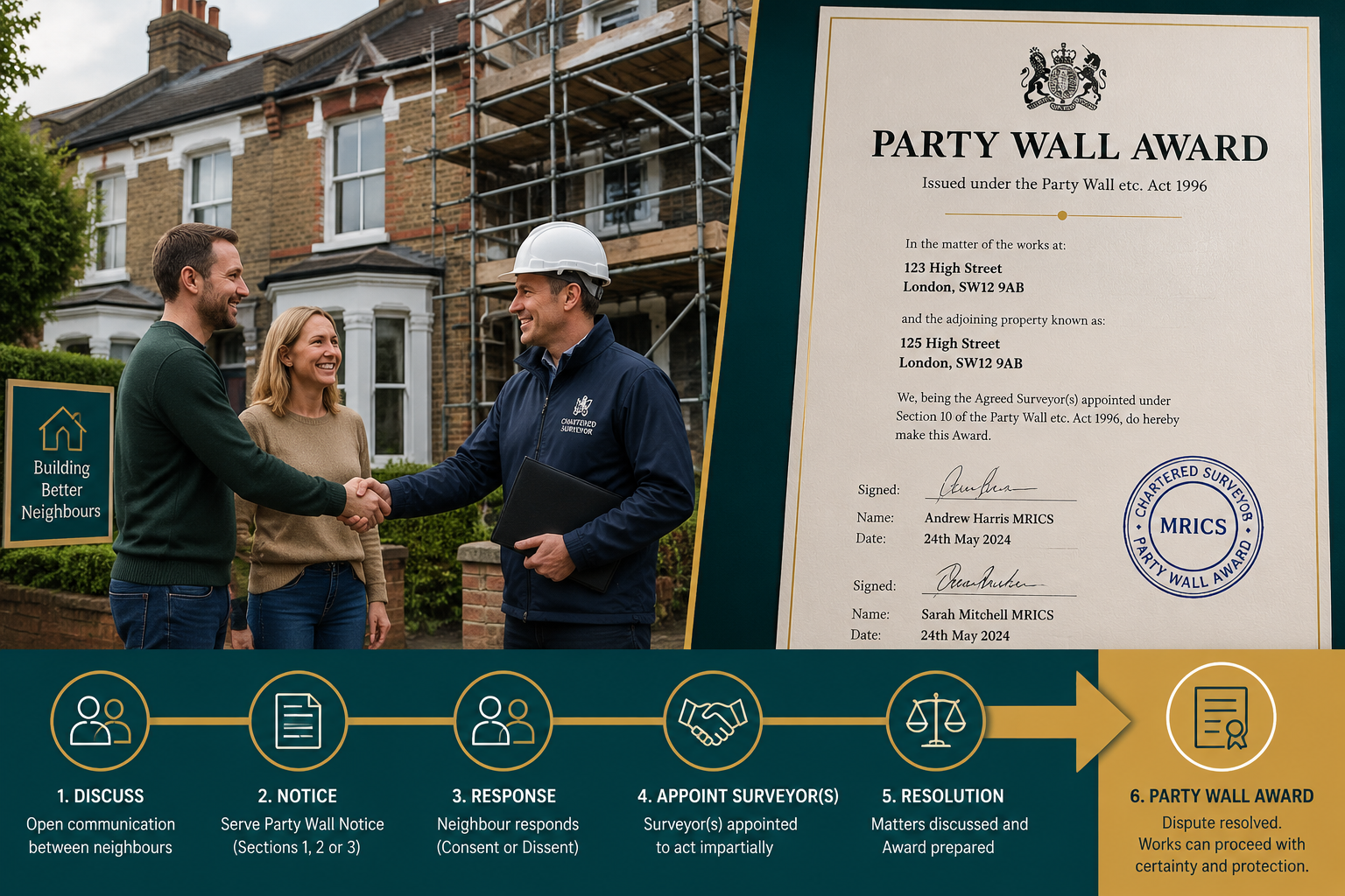 Split-composition editorial image: left side shows two neighbors and a surveyor shaking hands outside a UK semi-detached