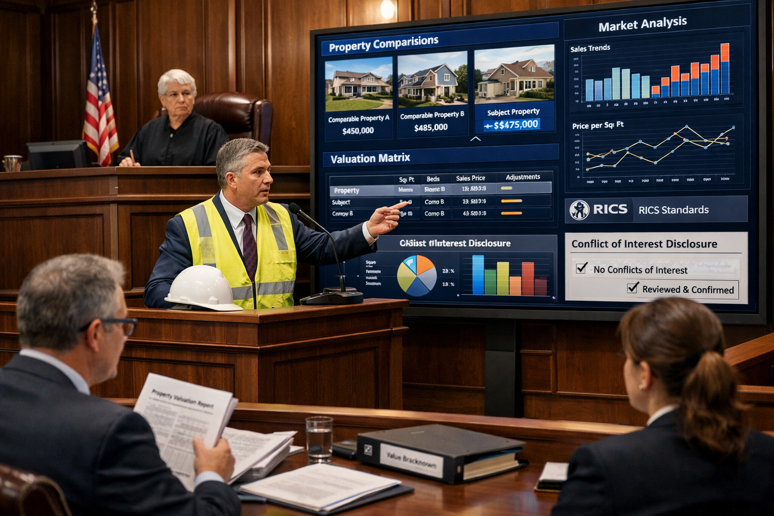 () modern legal tribunal scene with expert witness presenting valuation evidence. Professional courtroom setting with