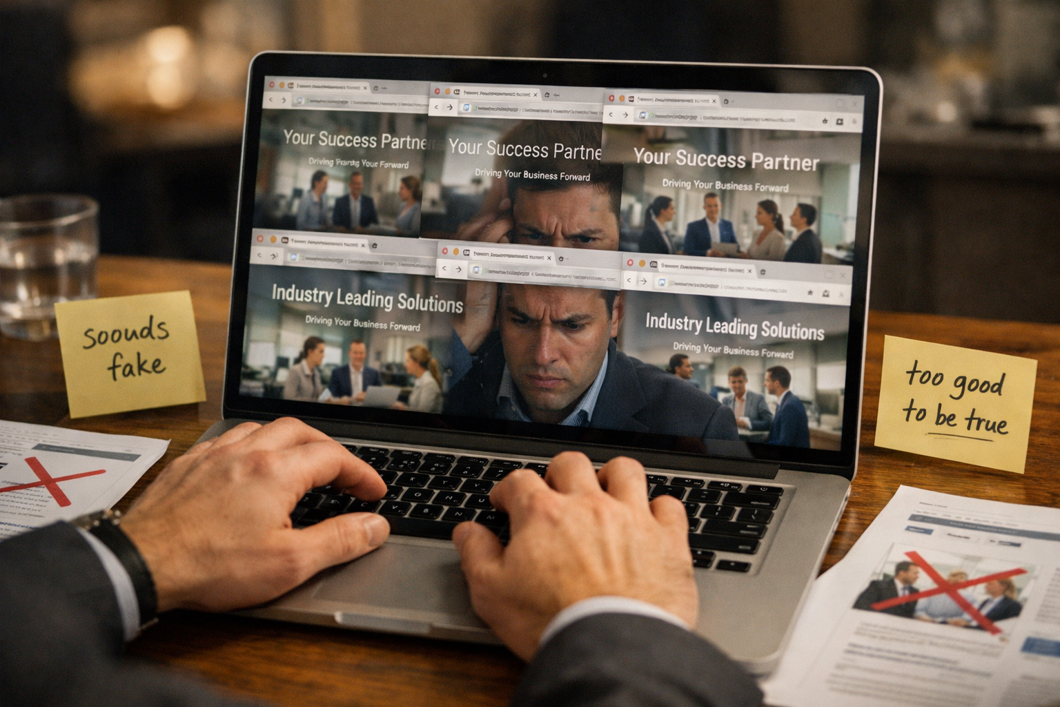 () image showing close-up of business person's hands hovering over laptop keyboard with multiple browser tabs open