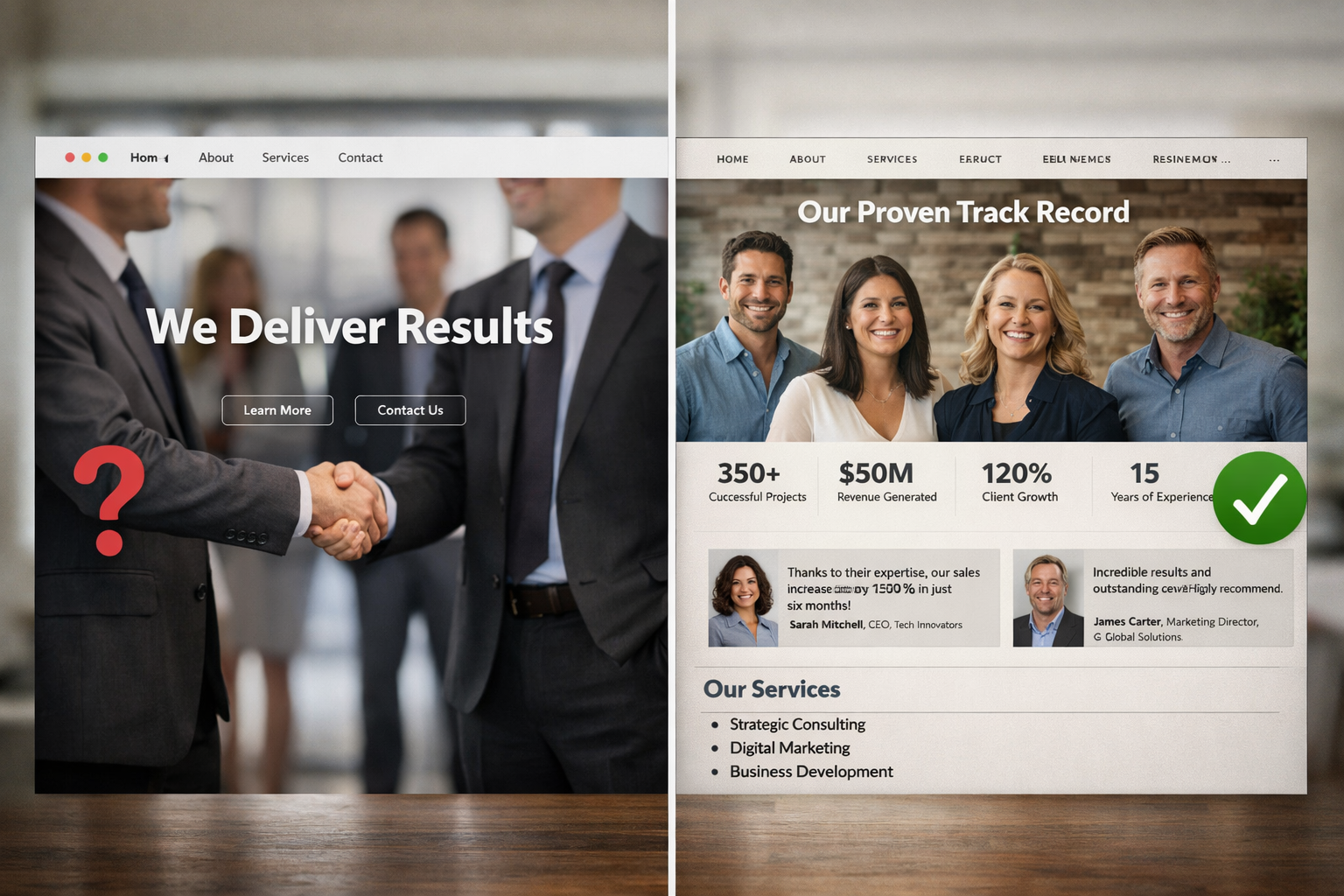 () split-screen comparison image showing two website mockups side by side. Left side displays a generic business website
