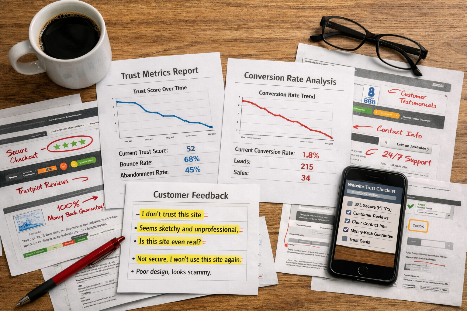 () overhead view of a business owner's desk showing printed website analytics reports with declining trust metrics,