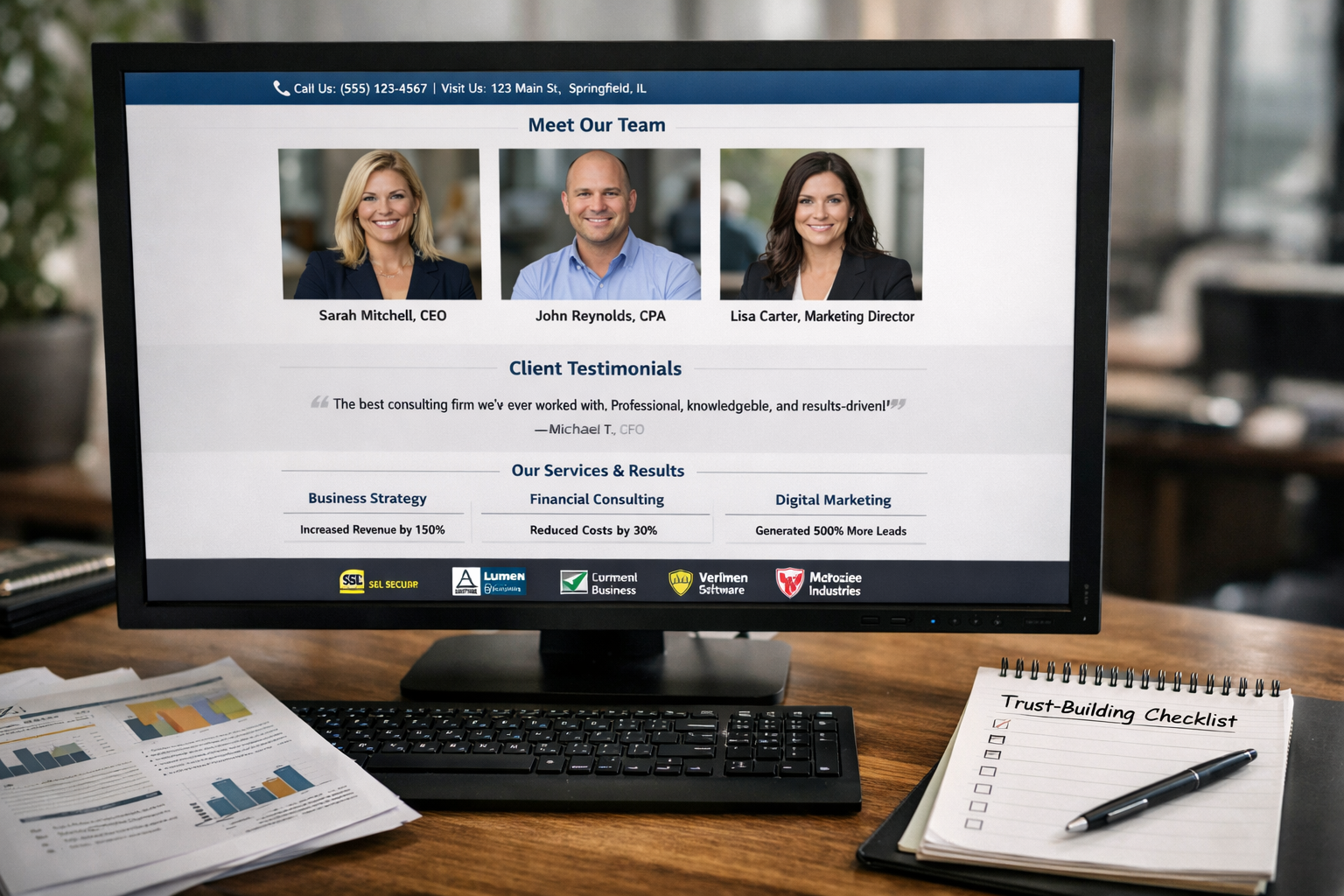 () image showing a modern business website displayed on a large desktop monitor with clear trust elements highlighted: