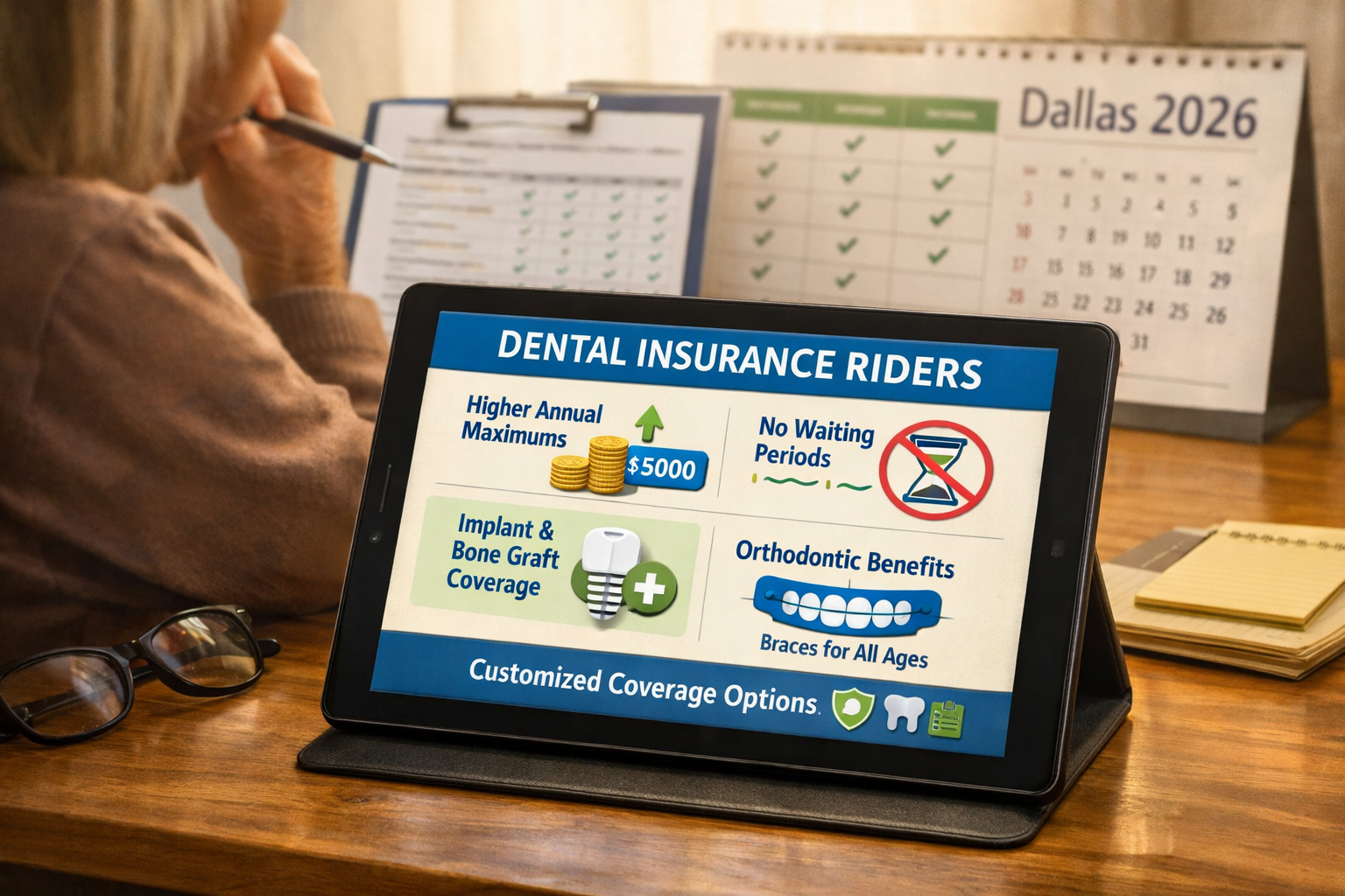 () editorial image depicting a detailed infographic on a tablet screen, showing different types of dental insurance riders