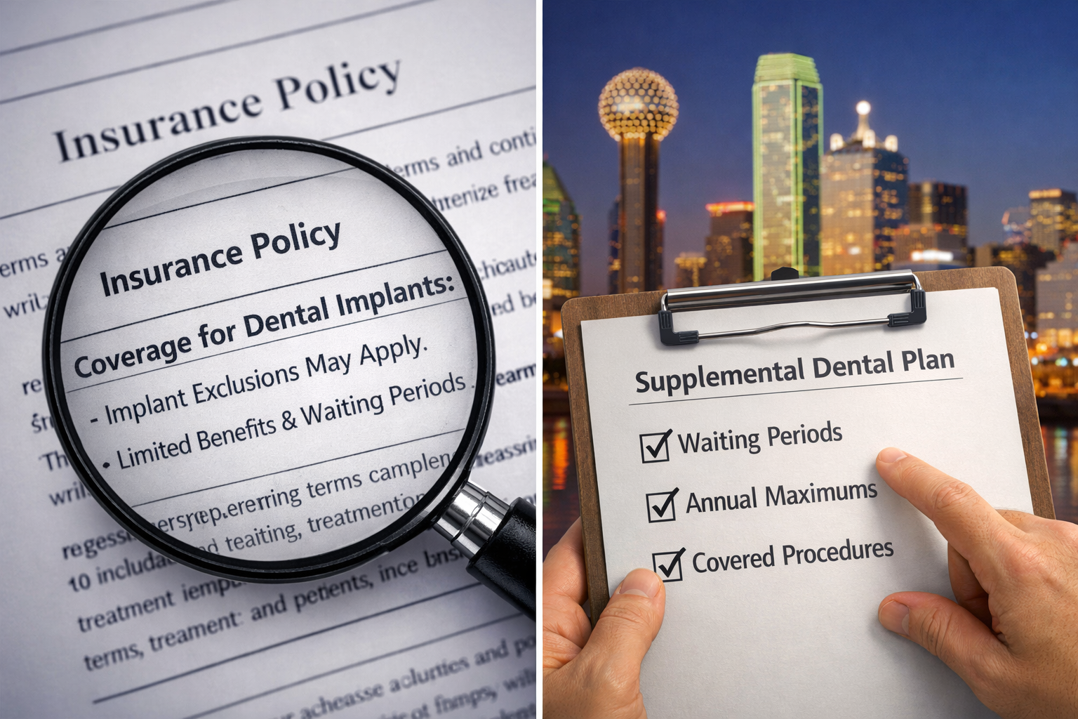 () editorial image featuring a split composition. One side shows a magnifying glass examining fine print on an insurance