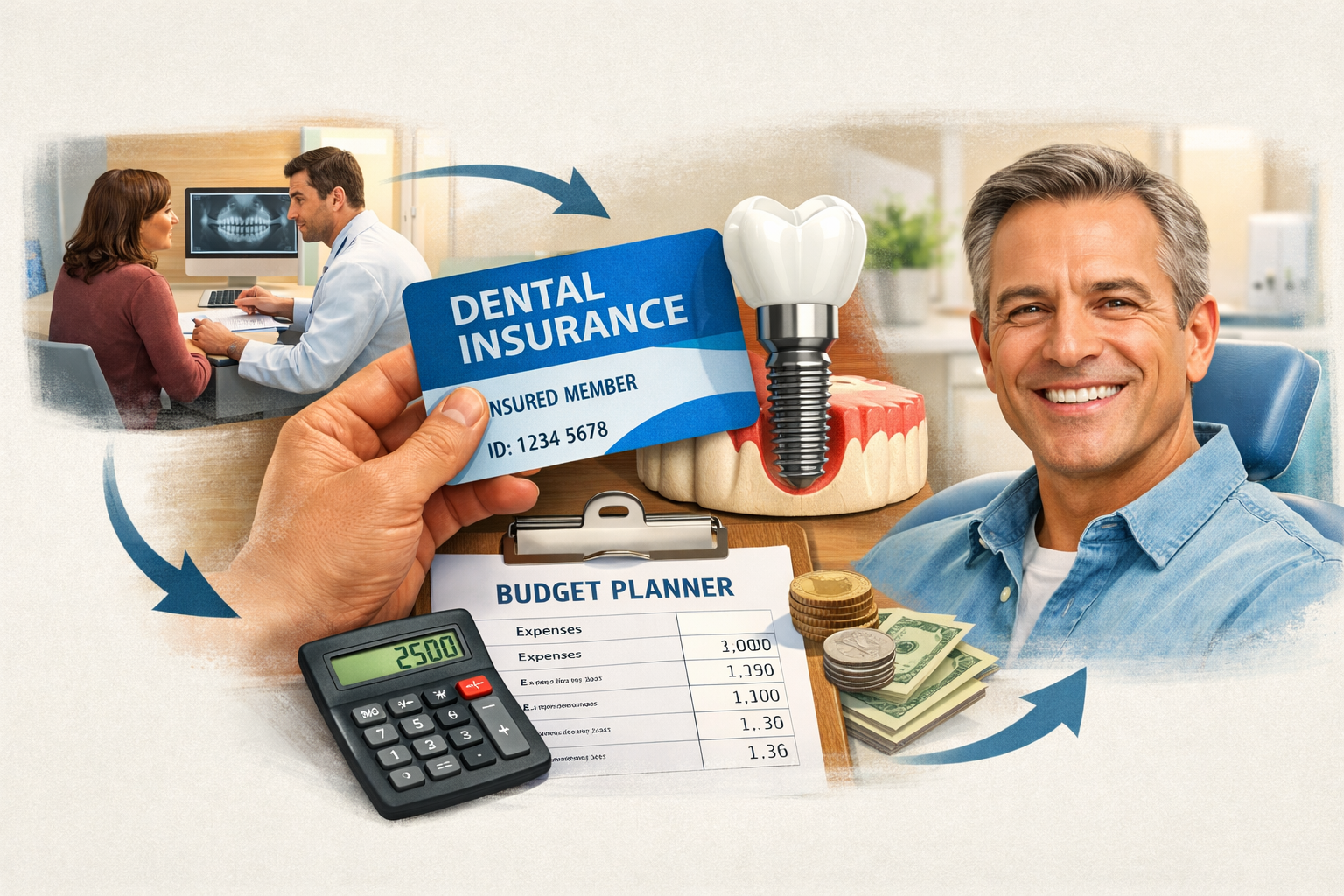 () editorial image illustrating the journey of securing dental implant coverage. A clear visual pathway shows a person