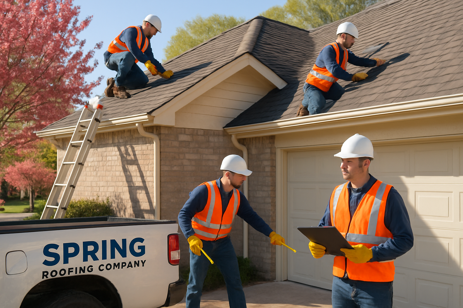 Detailed landscape image (1536x1024) showing professional roofing contractors performing spring roof inspection on suburban Texas home. Work