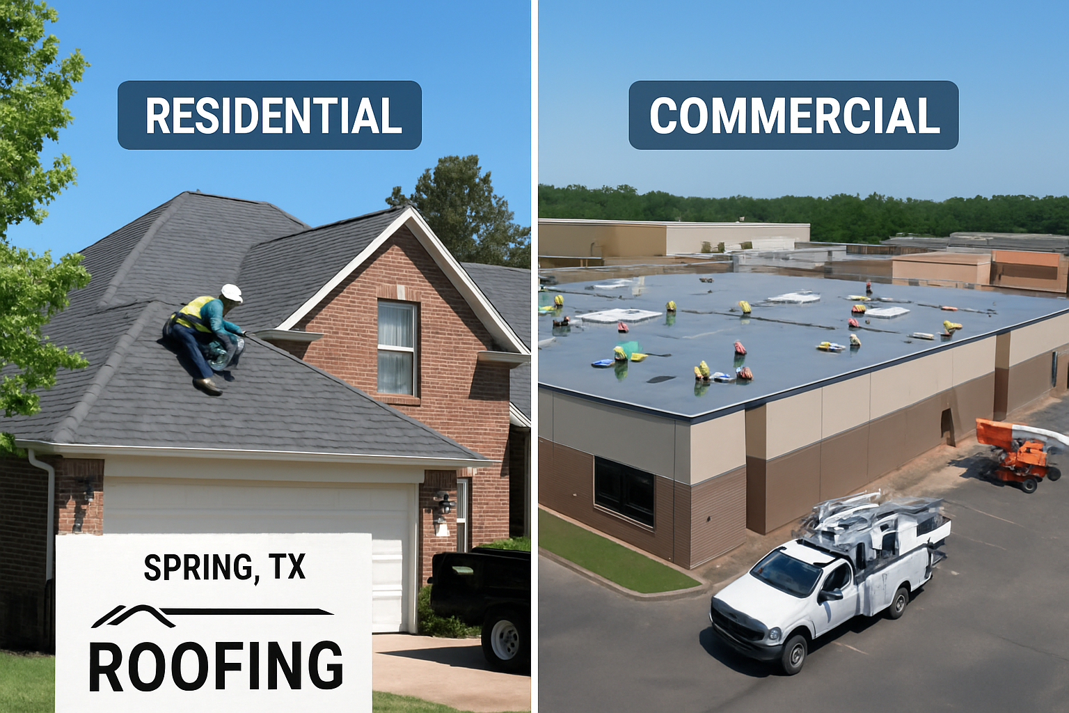 Landscape image (1536x1024) depicting side-by-side comparison of residential and commercial roofing projects in Spring, Texas. Left side sho