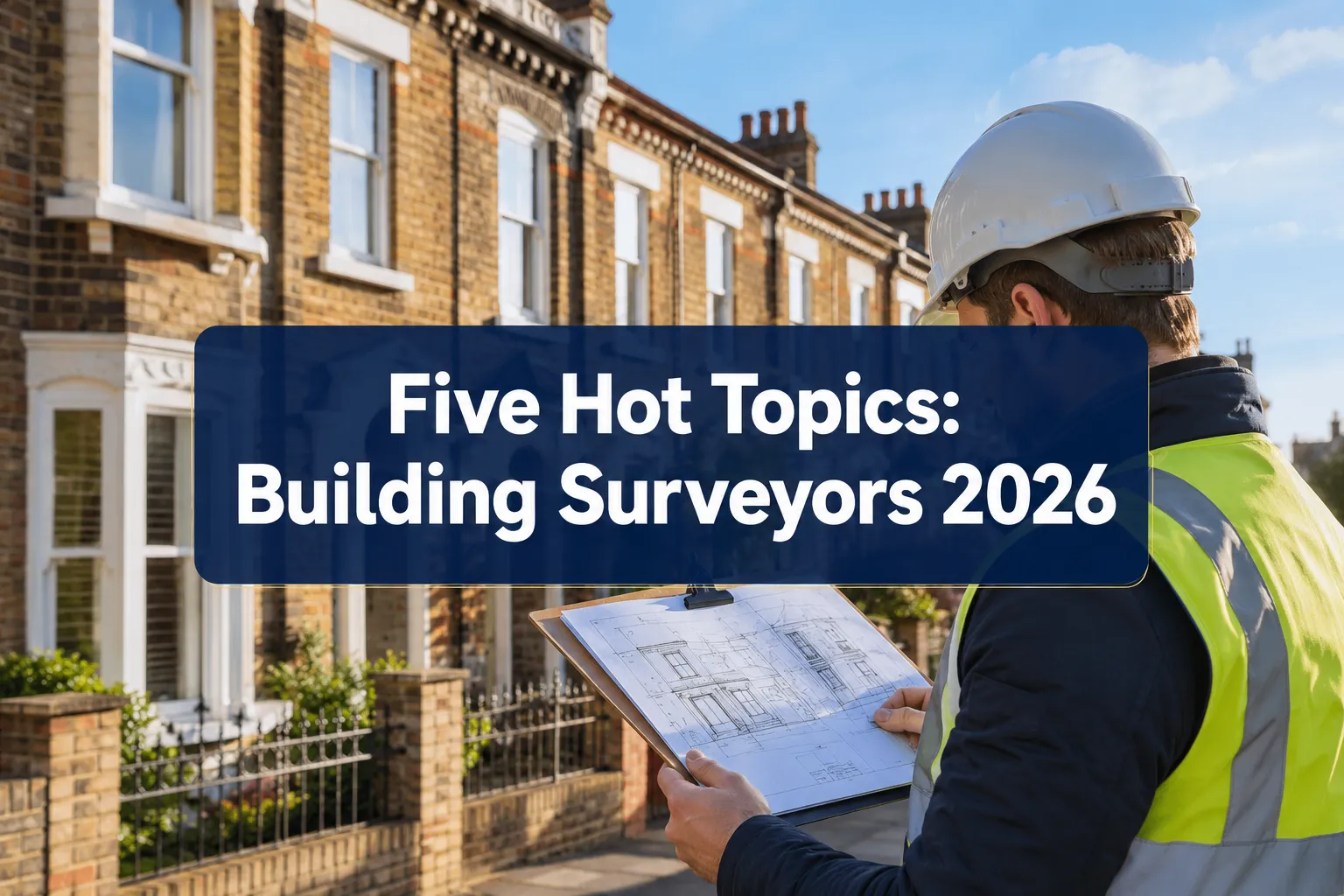 Professional () hero image with (≤42 chars): 'Five Hot Topics: Building Surveyors 2026' in crisp white on a deep navy