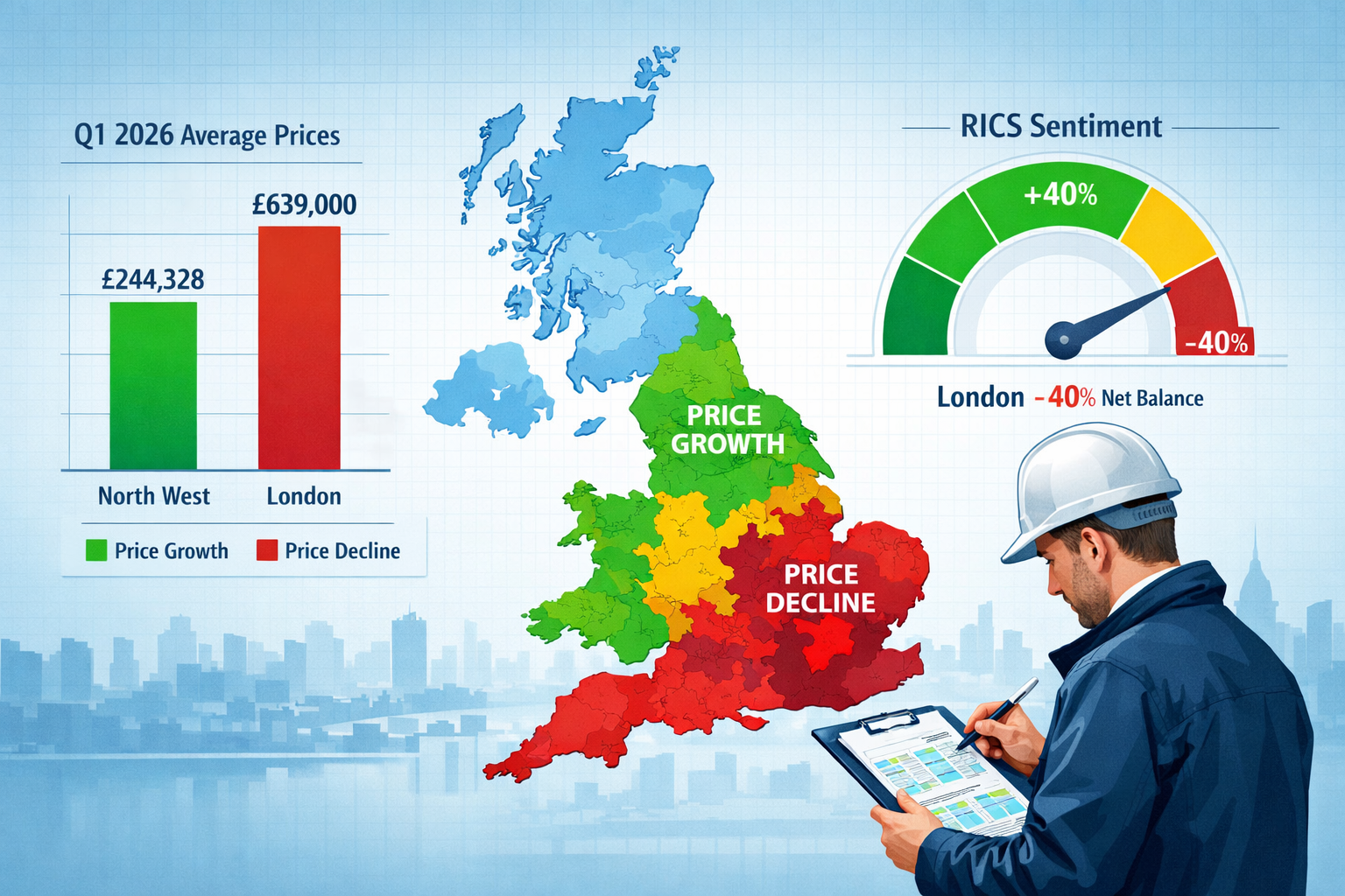Wide-angle editorial infographic illustration () showing a UK regional heat map with color-coded price performance data: