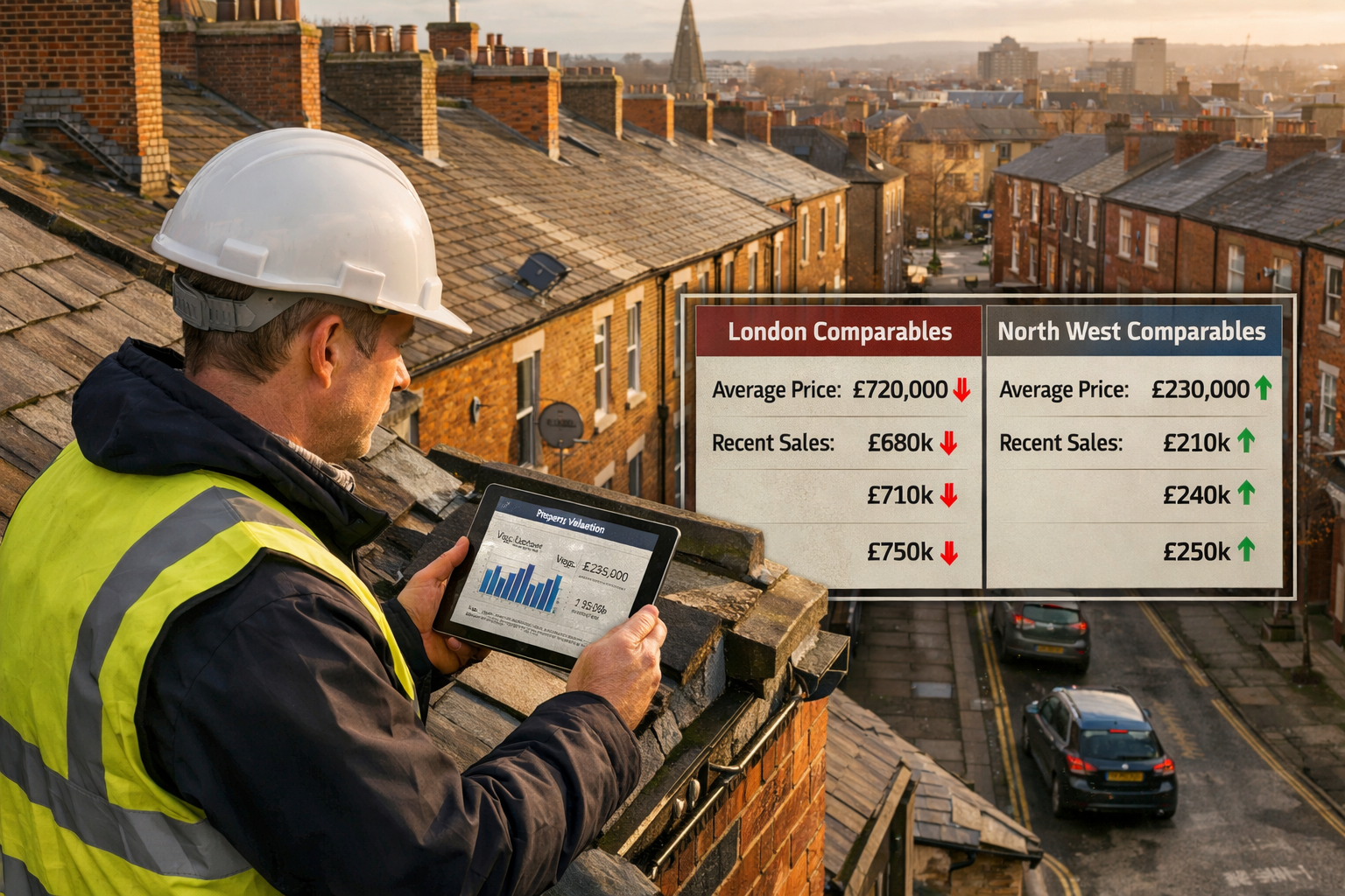 Aerial perspective editorial photograph () of a chartered surveyor conducting a building survey inspection on a Victorian