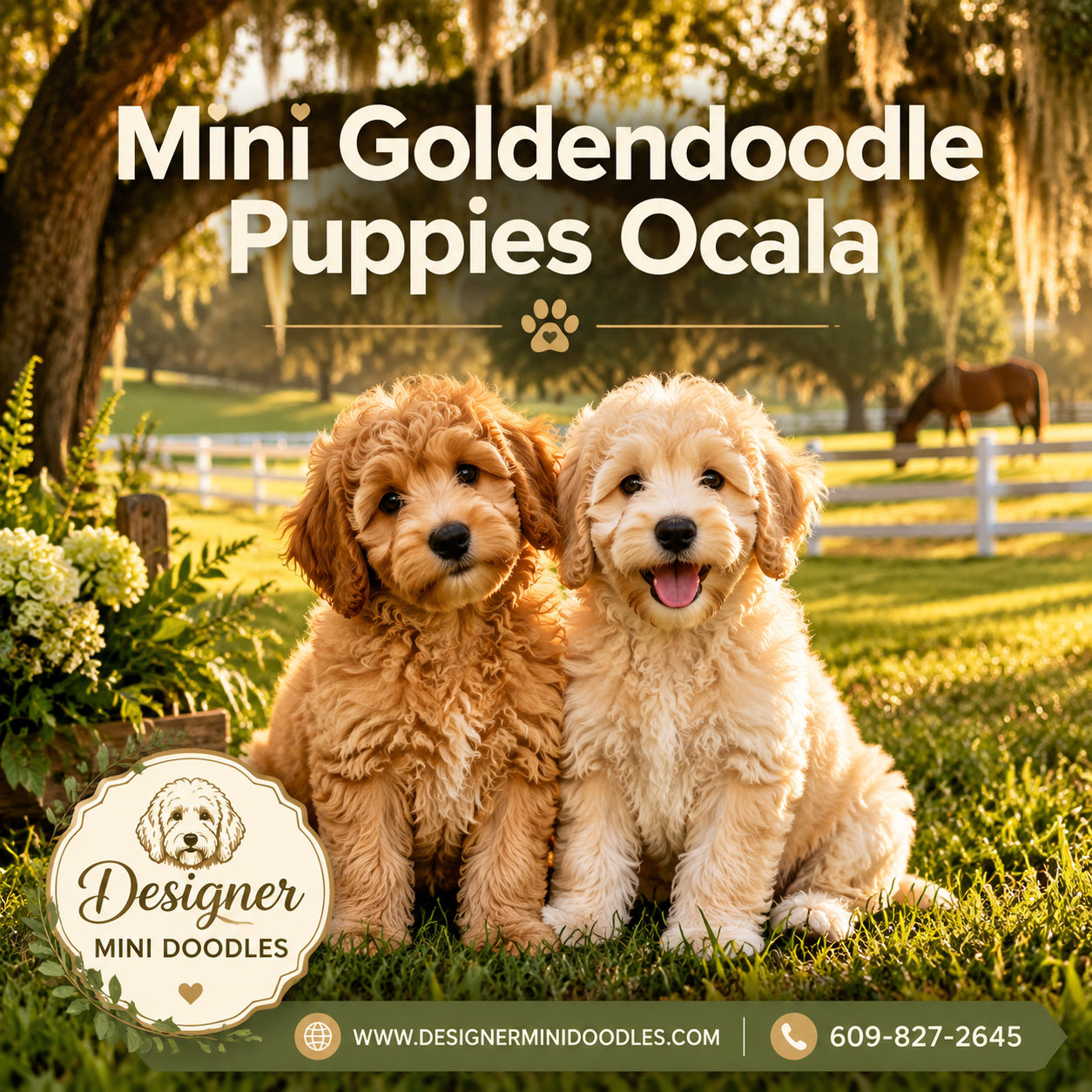 Use brand logo for Designer Mini Doodles, also have website URL www.designerminidoodles.com and phone 609-827-2645 on each