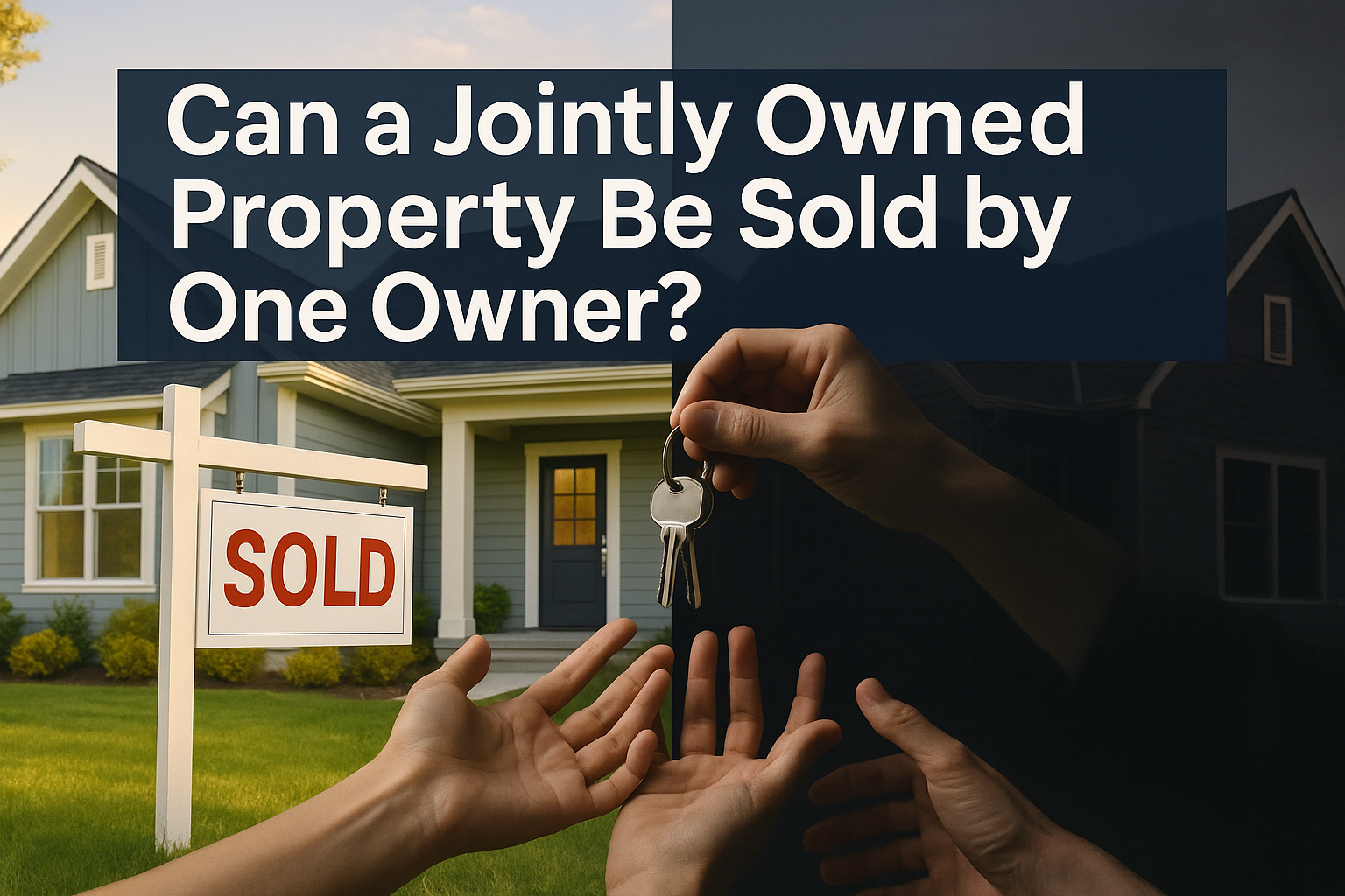 Professional landscape hero image (1536x1024) featuring bold text overlay "Can a Jointly Owned Property Be Sold by One Owner?" in extra larg