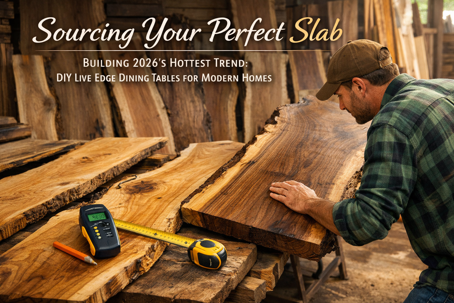 Landscape format (1536x1024) image depicting various raw live edge wood slabs (walnut, oak, maple) being inspected by a homeowner in a well-