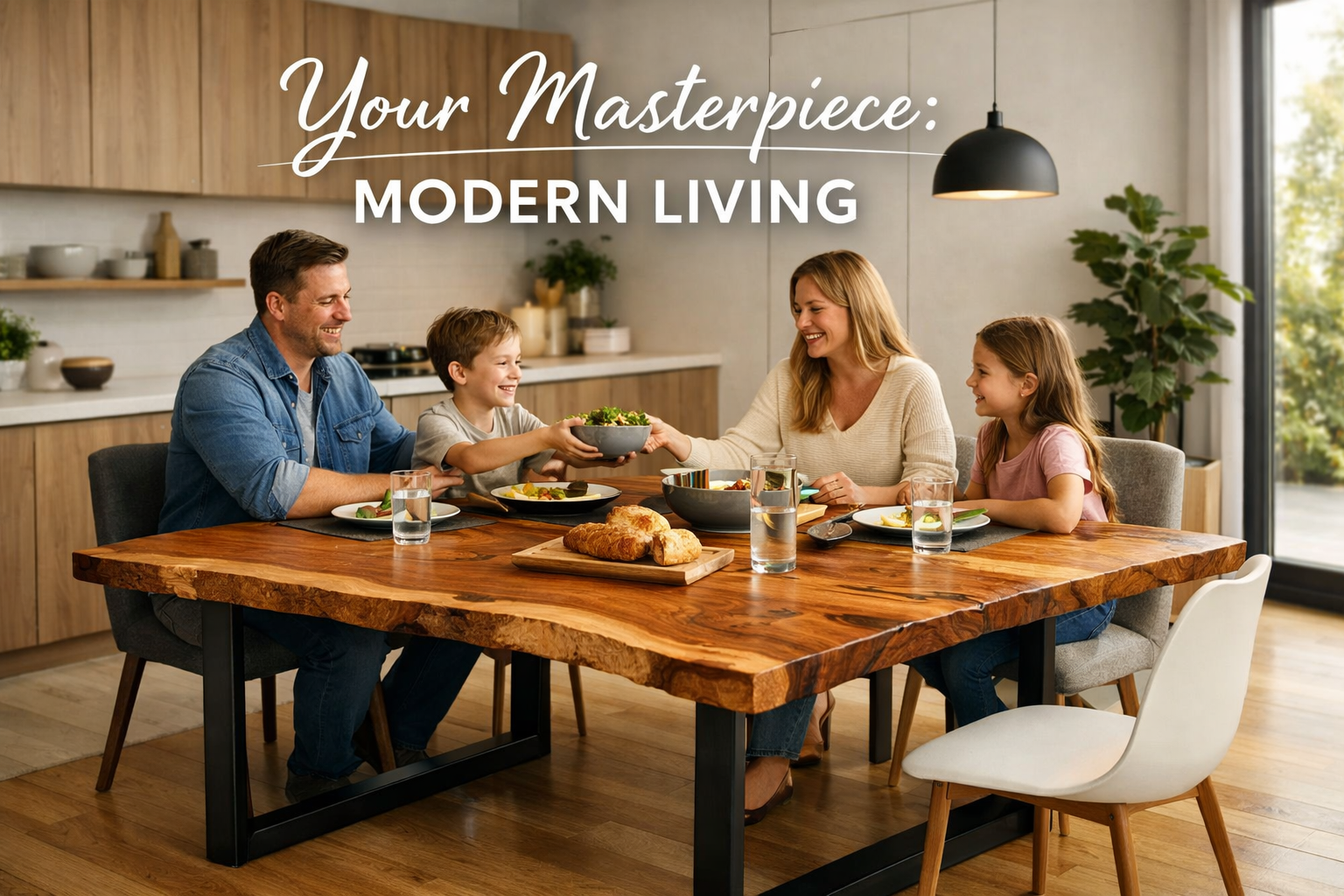 Landscape format (1536x1024) image showcasing a completed live edge dining table as the centerpiece in a minimalist modern dining room. The 