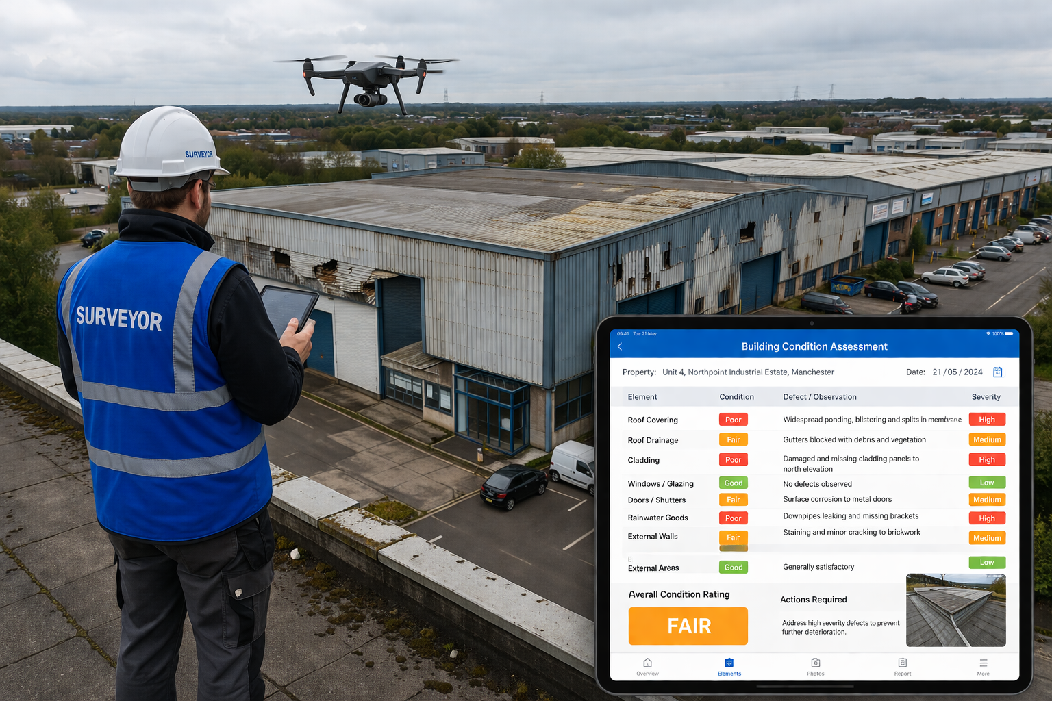 Wide aerial drone perspective () of a large UK commercial property complex showing a surveyor on the rooftop with a drone