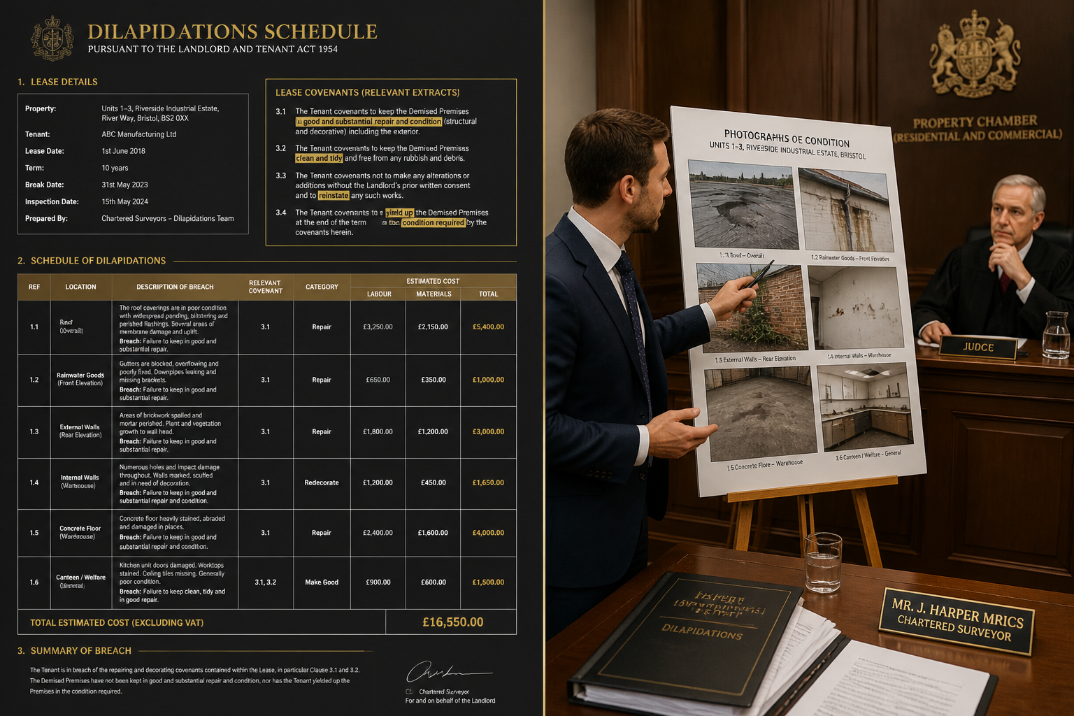 Split-screen () showing left side: a detailed dilapidations schedule document with highlighted lease covenant clauses, cost