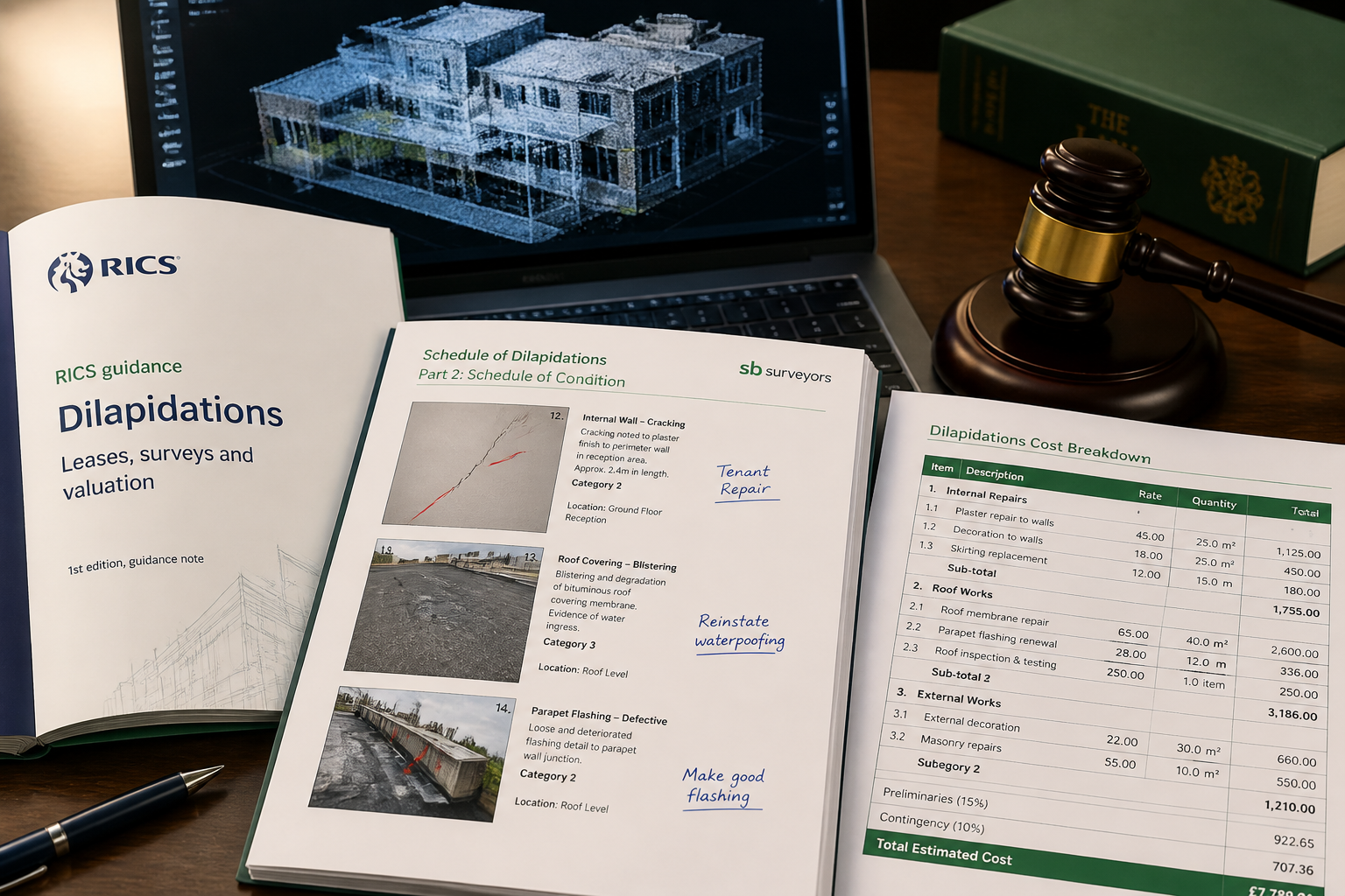 Close-up () of a professional surveyor's desk showing an open RICS guidance document, a schedule of dilapidations report