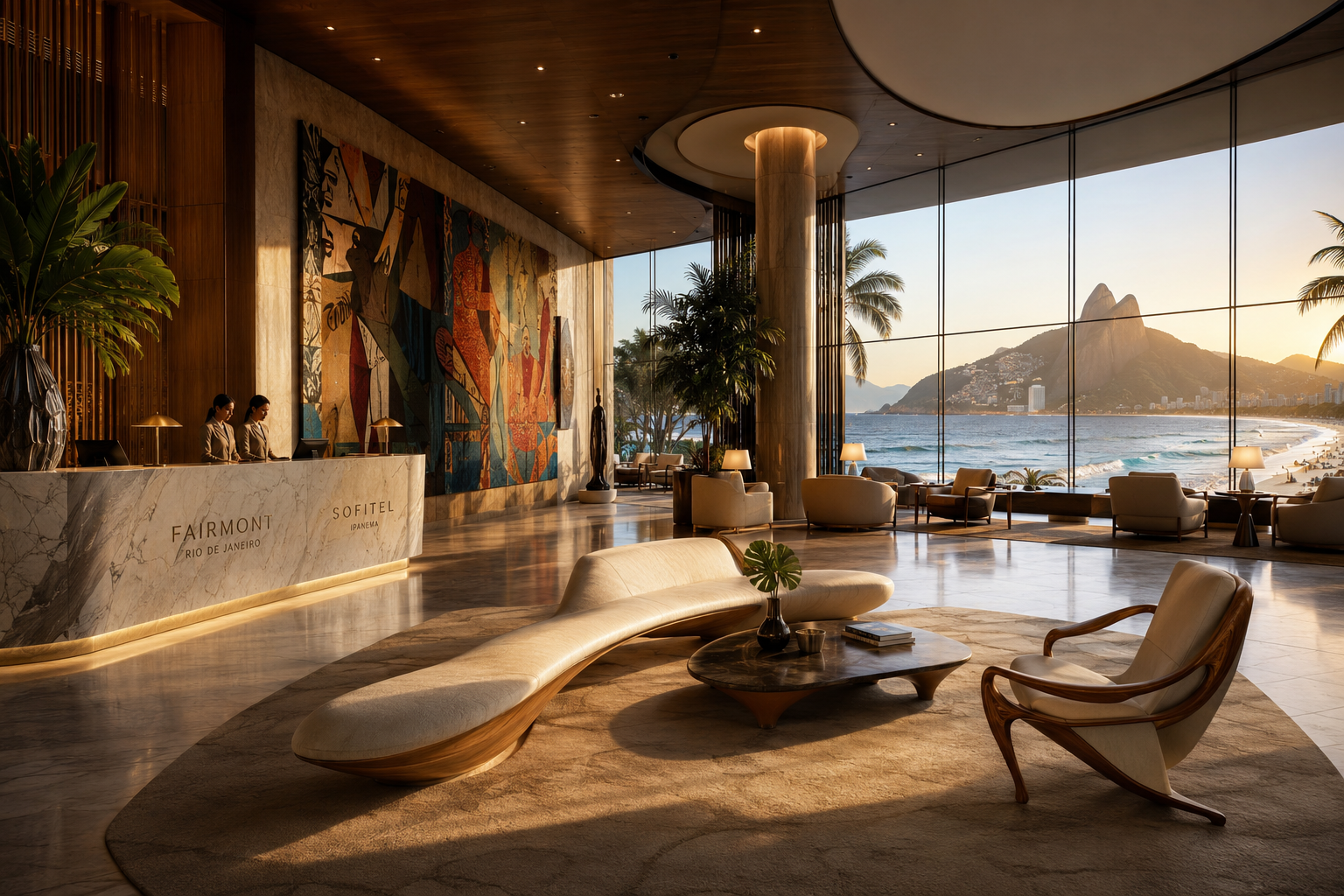 Wide-angle architectural rendering of a luxury co-branded hotel lobby in Rio de Janeiro, featuring Brazilian contemporary