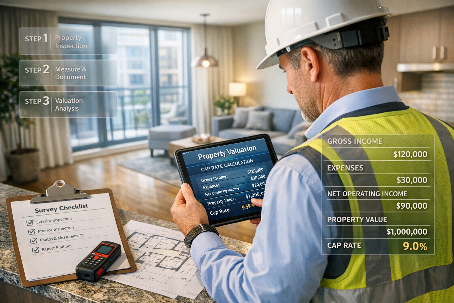 Detailed () image showing professional chartered surveyor conducting property inspection inside modern buy-to-let apartment,