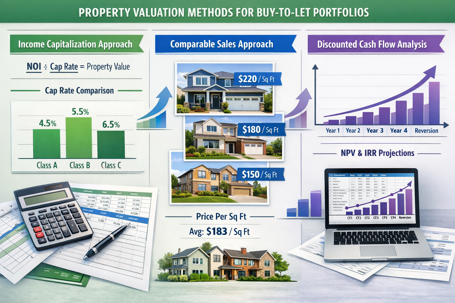 Detailed () infographic-style image displaying multiple property valuation methods for buy-to-let portfolios. Central focus