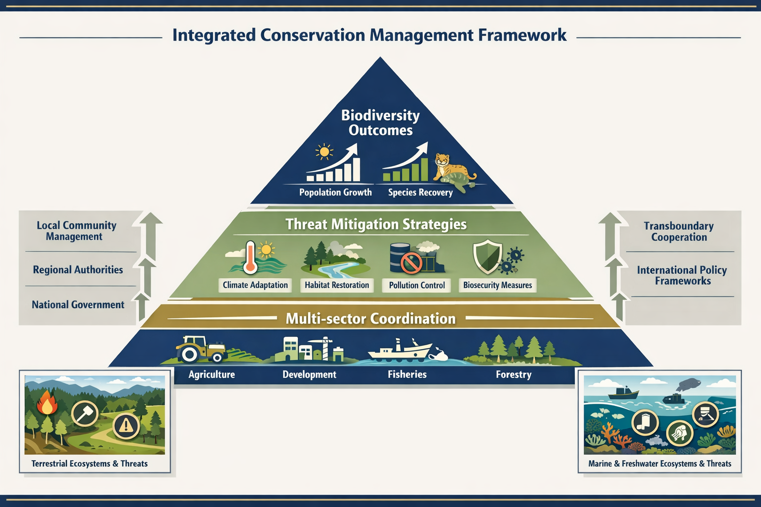 Detailed () conceptual illustration showing integrated conservation management framework as layered pyramid structure: base