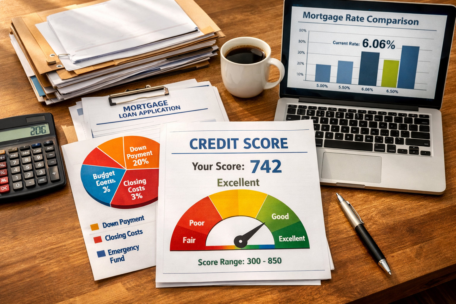 () editorial image showing organized financial planning scene with calculator, mortgage documents, credit score report