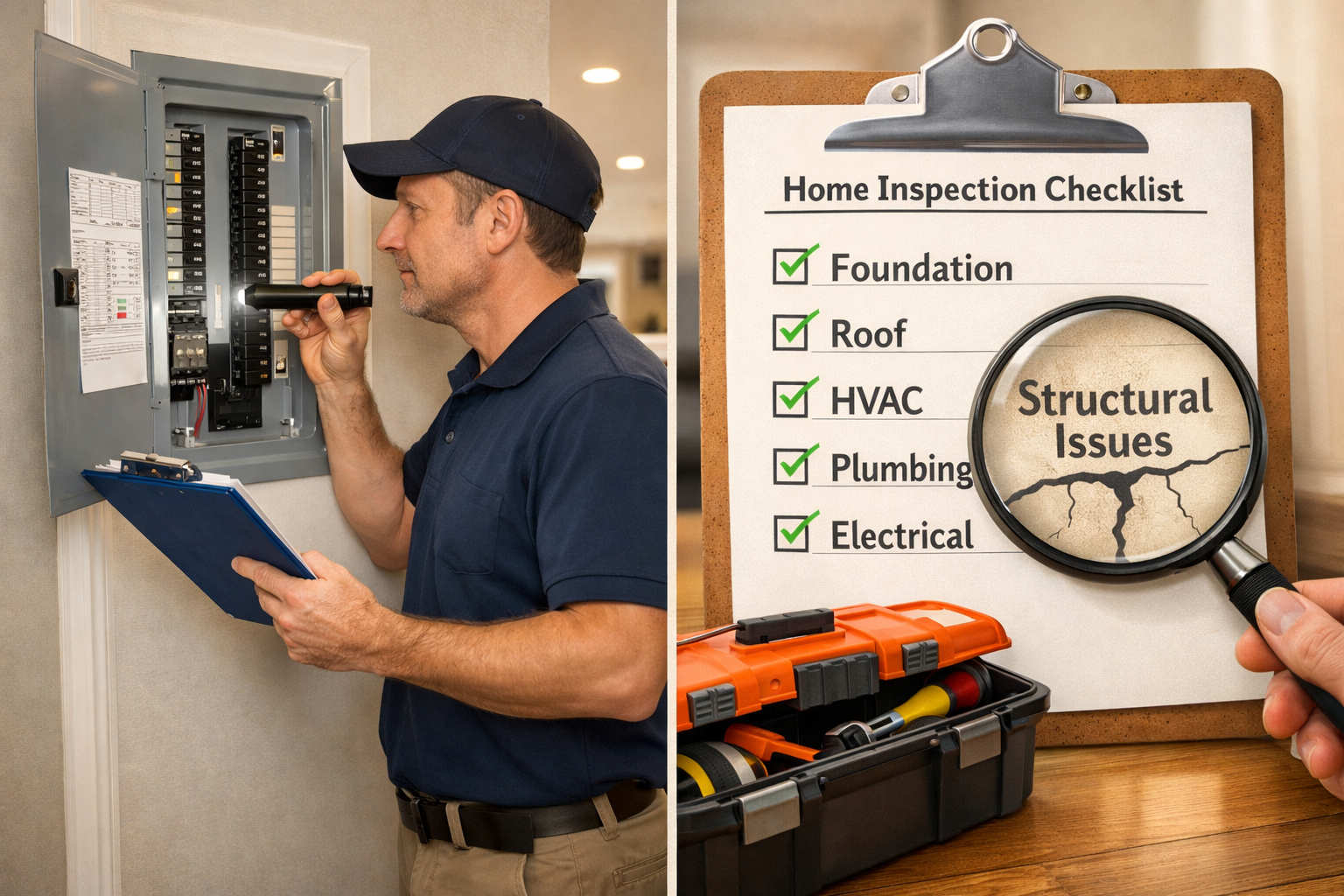 () editorial image depicting home inspection process with professional inspector wearing polo shirt and clipboard examining