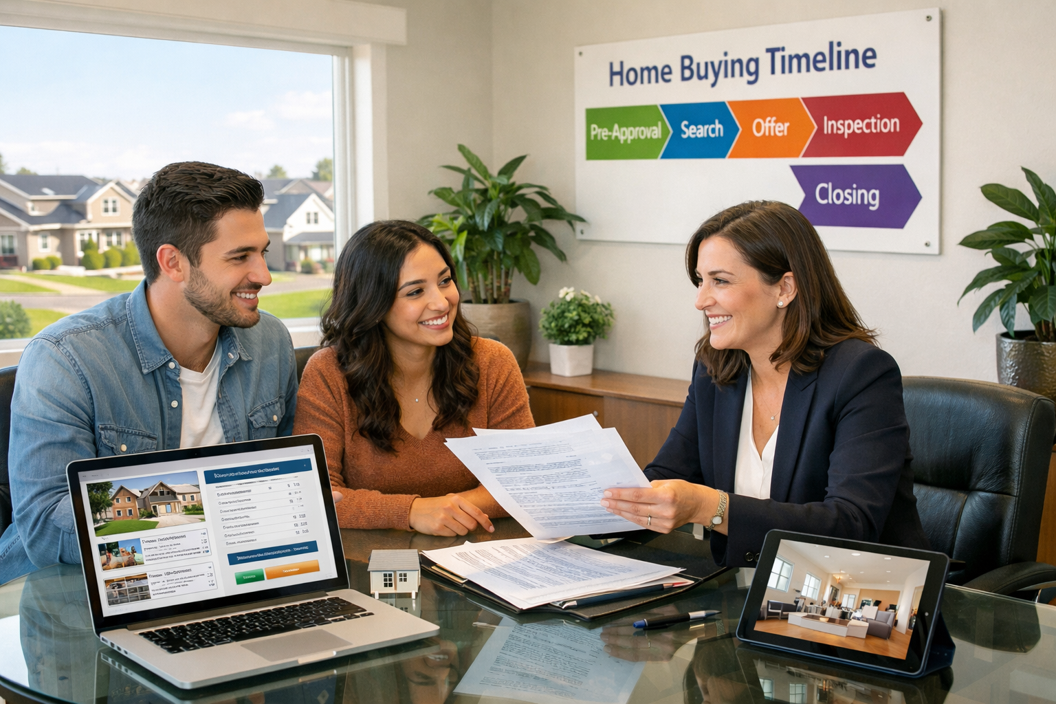 () editorial image showing diverse group of three people in modern real estate office conference room having consultation