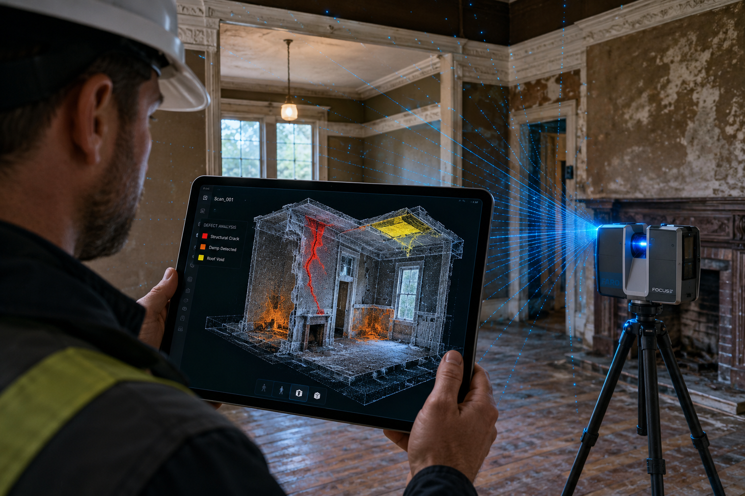 () editorial illustration showing a surveyor in a hard hat holding a tablet displaying a vivid 3D point cloud scan of a