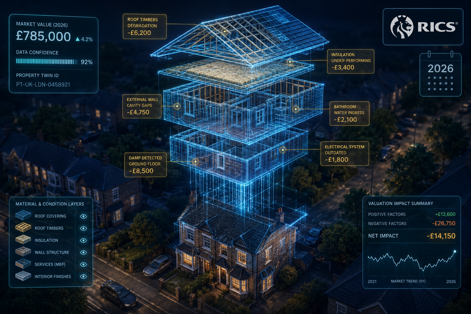 () bird's-eye concept illustration of a residential street with one house shown as a transparent 3D wireframe digital twin