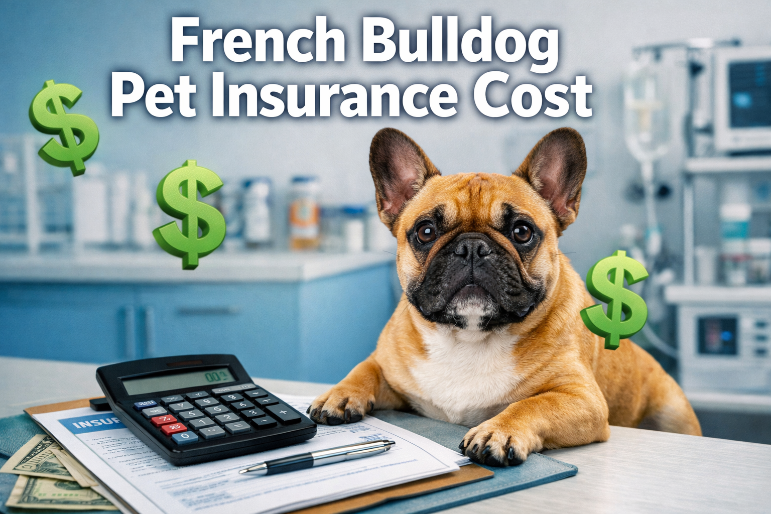 Professional landscape format (1536x1024) hero image featuring bold text overlay 'French Bulldog Pet Insurance Cost' in extra large 70pt whi