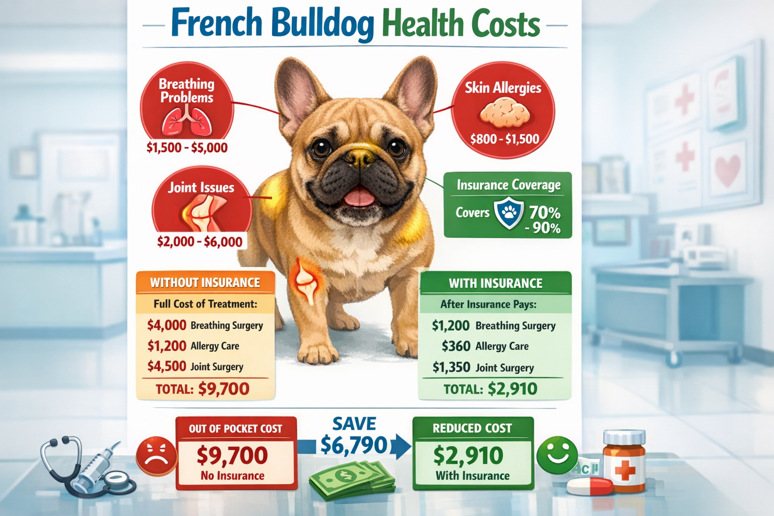 Portrait format (1024x1536) comparison chart showing French Bulldog health conditions and associated costs. Features adorable Frenchie with