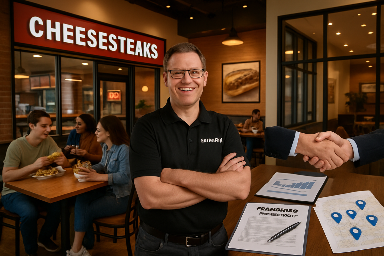 Landscape image (1536x1024) showing successful franchise owner in modern cheesesteak restaurant, customers enjoying authentic Philadelphia c