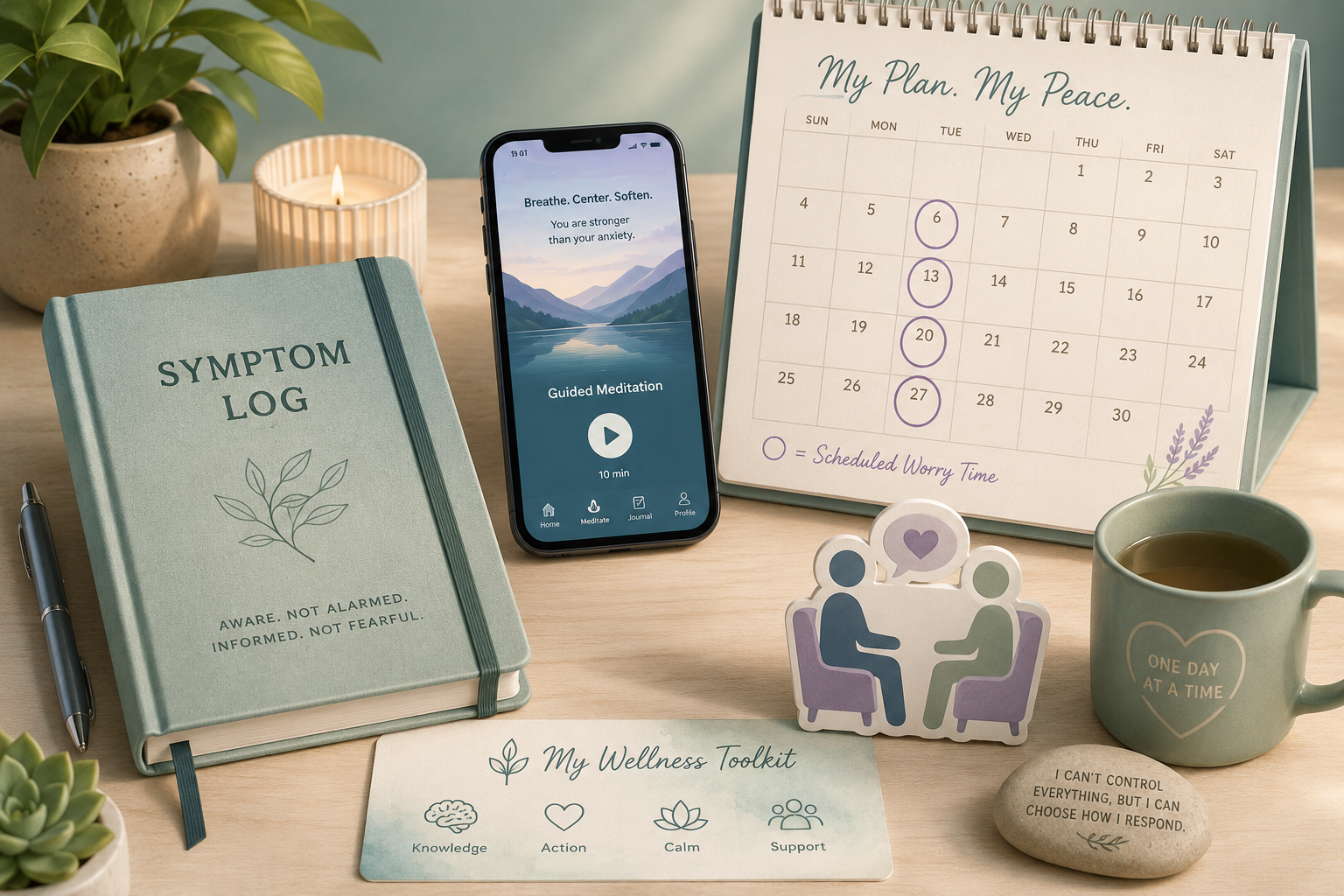 A concept illustration in () showcasing a 'Mental Wellness Toolkit' for managing health anxiety. The image displays several