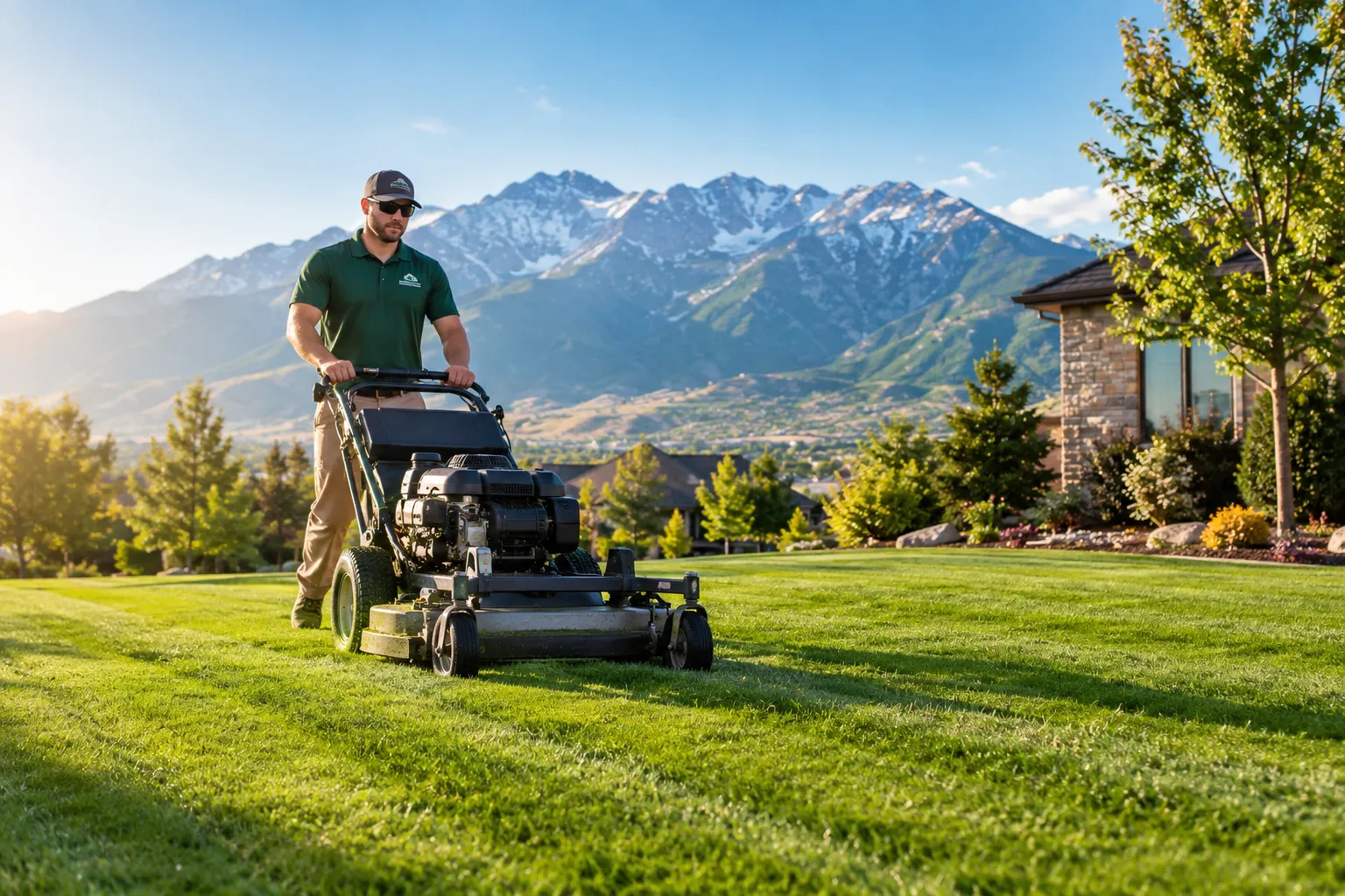 Editorial () cover image, no . A lush, freshly mowed residential lawn in Sandy Utah on a bright summer morning, vivid green