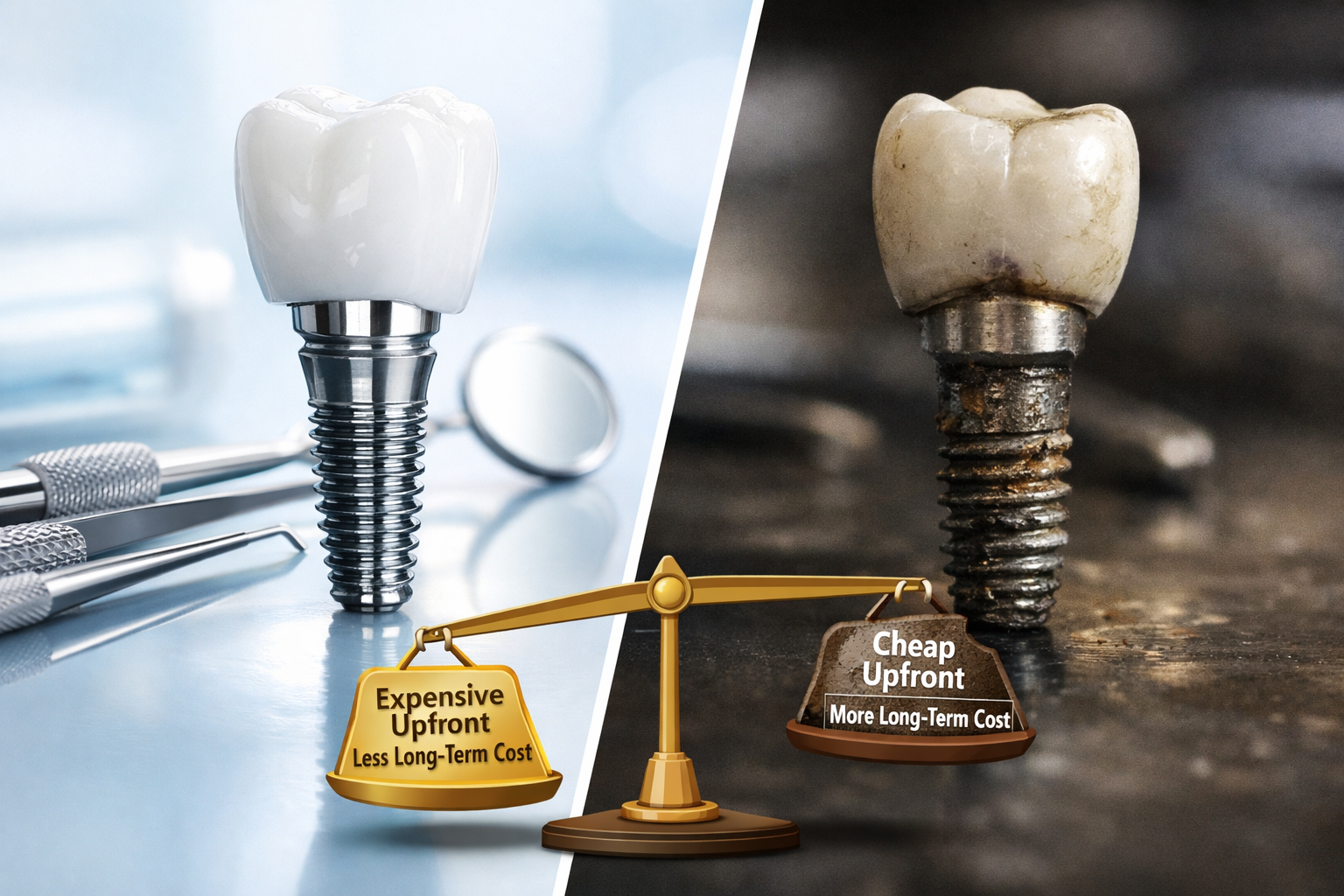 Detailed () image featuring a split comparison. On one side, a gleaming, high-quality dental implant component (titanium