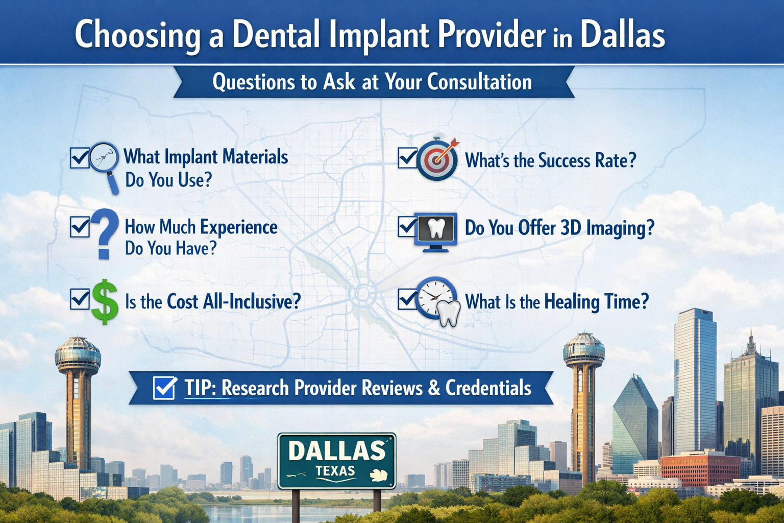A visually striking infographic-style landscape image () detailing a checklist of questions for dental implant